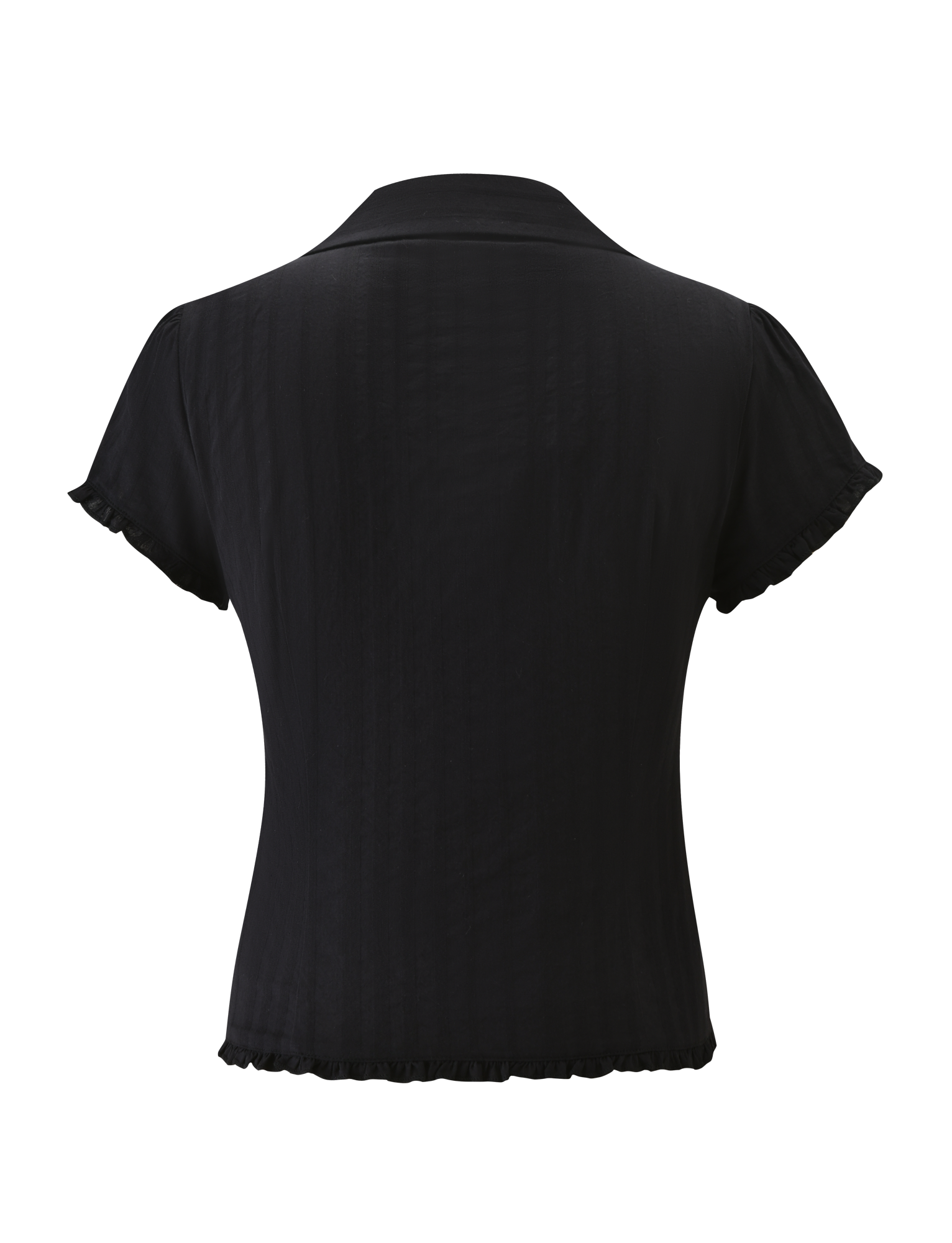 Back view of the TIGERMIST VALERIE SHORT SLEEVE SHIRT - BLACK, a collared woven shirt with subtle ruffled edges on the sleeves and hem, shown against a plain white background.