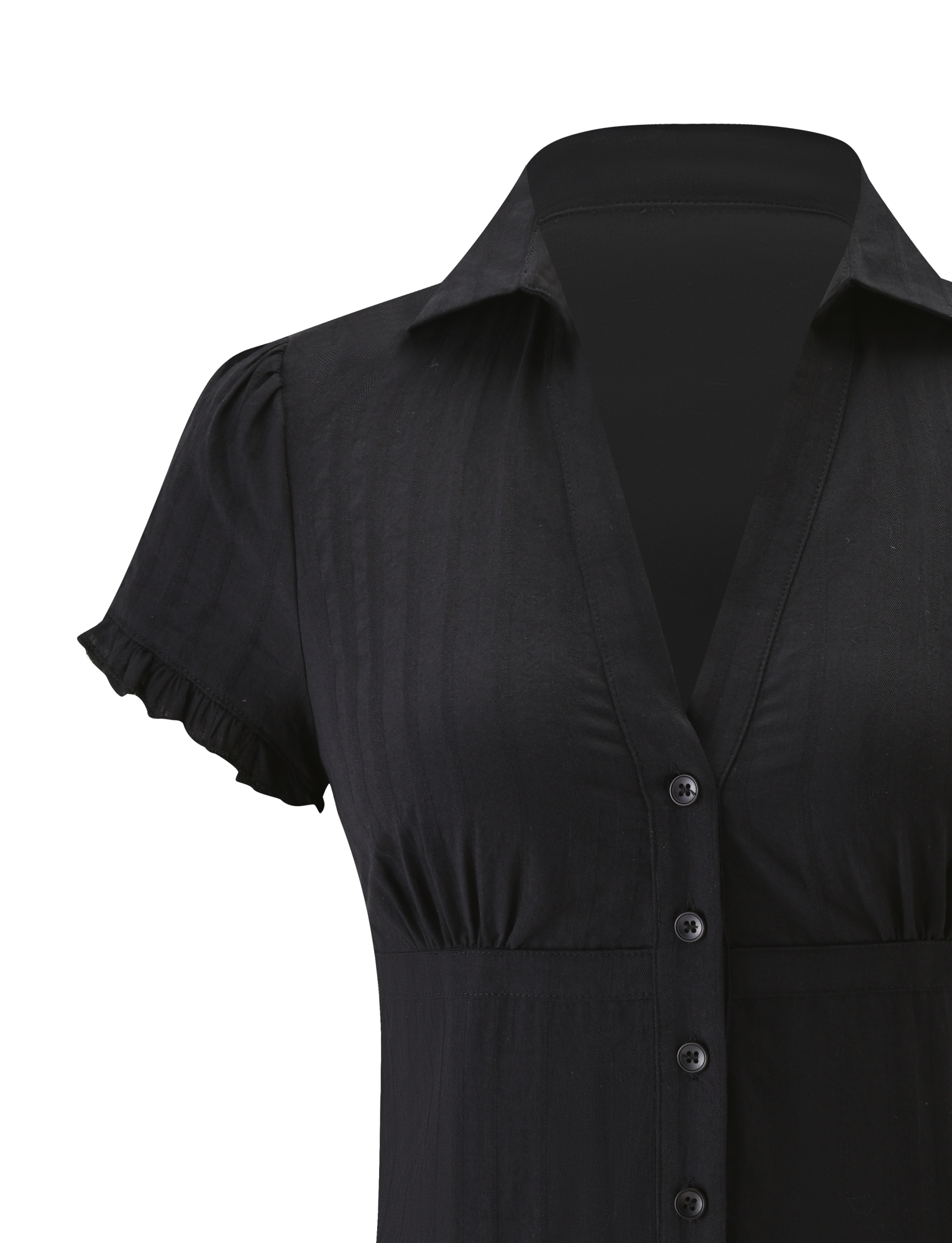 A close-up of the TIGERMIST VALERIE SHORT SLEEVE SHIRT in black, featuring a collar, ruffled short sleeve edges, and a deep V-neckline, displayed on a plain white background.