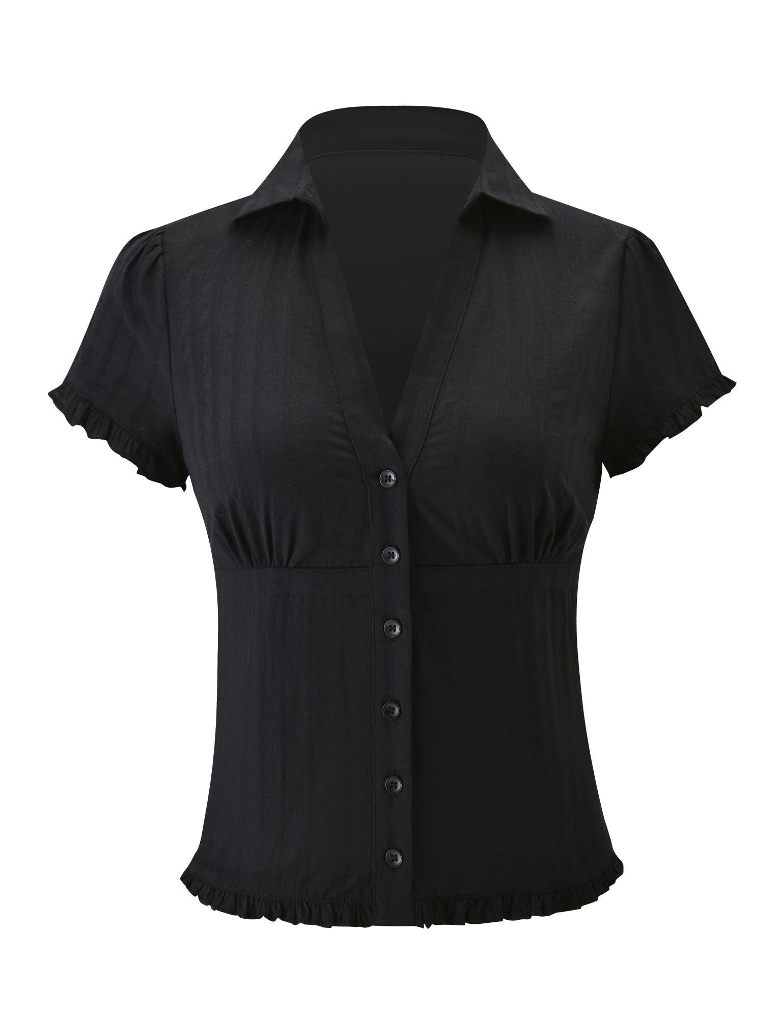 The VALERIE SHORT SLEEVE SHIRT - BLACK by TIGERMIST features short sleeves, a deep V-neck, button-down front, fitted waist, and ruffled edges on the sleeves and hem, shown against a plain white background.