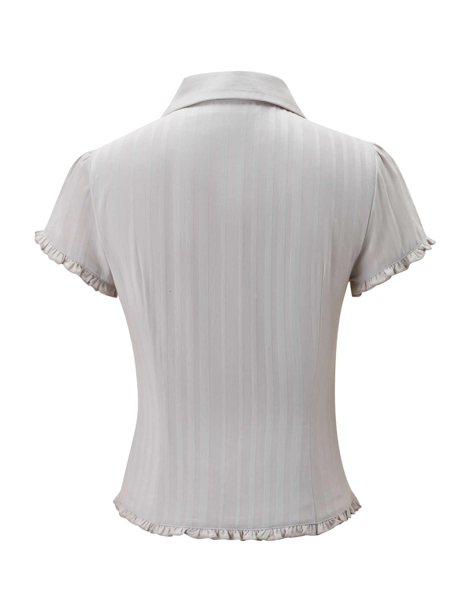 Back view of the TIGERMIST VALERIE SHORT SLEEVE SHIRT - GREY, a light gray cotton shirt with white vertical stripes, collar, and ruffled edges on the sleeves and hem.