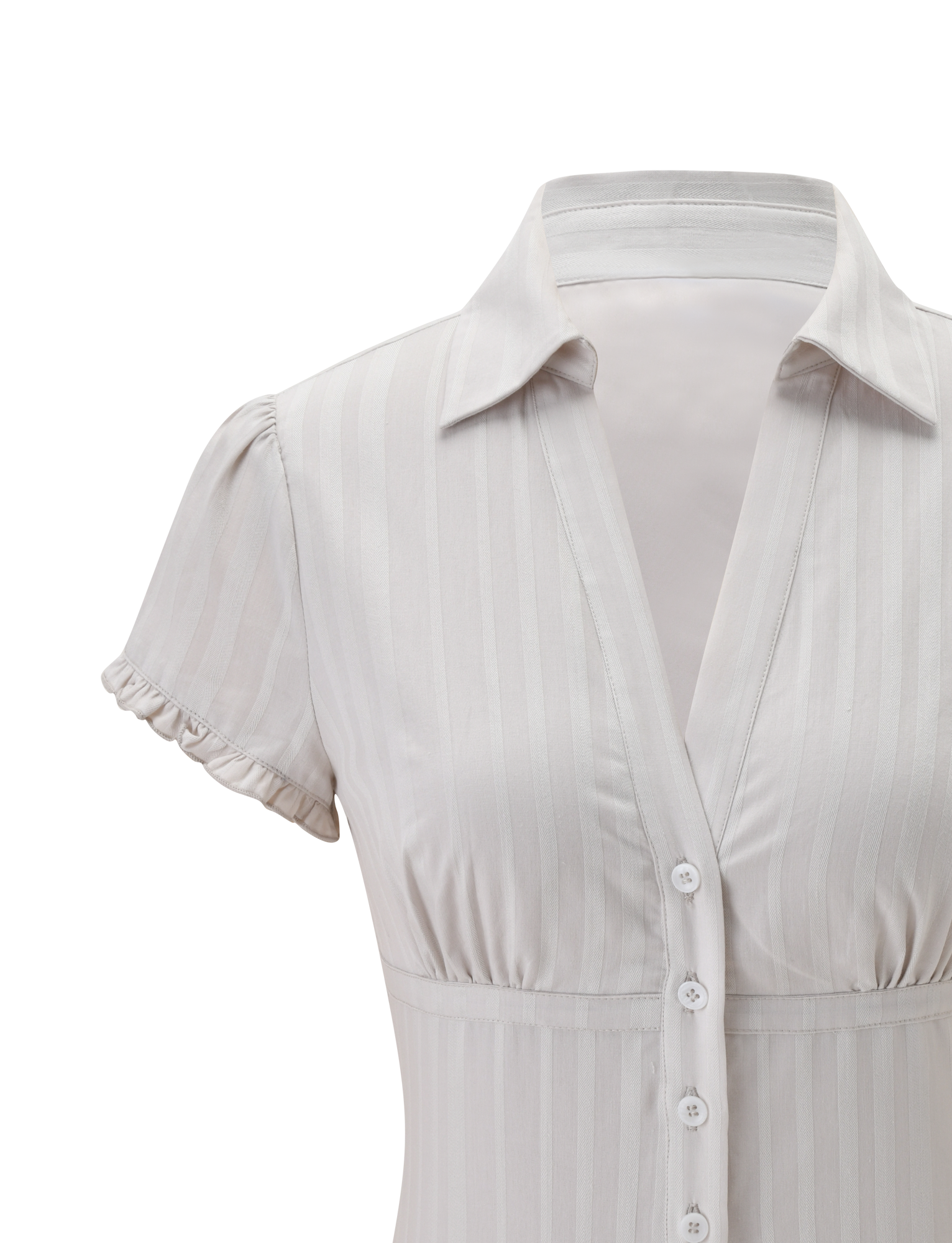 A close-up of the TIGERMIST VALERIE SHORT SLEEVE SHIRT in grey, featuring button-down front, collar, subtle vertical stripes, ruffled sleeve trim, soft fabric, and a slightly fitted waist.