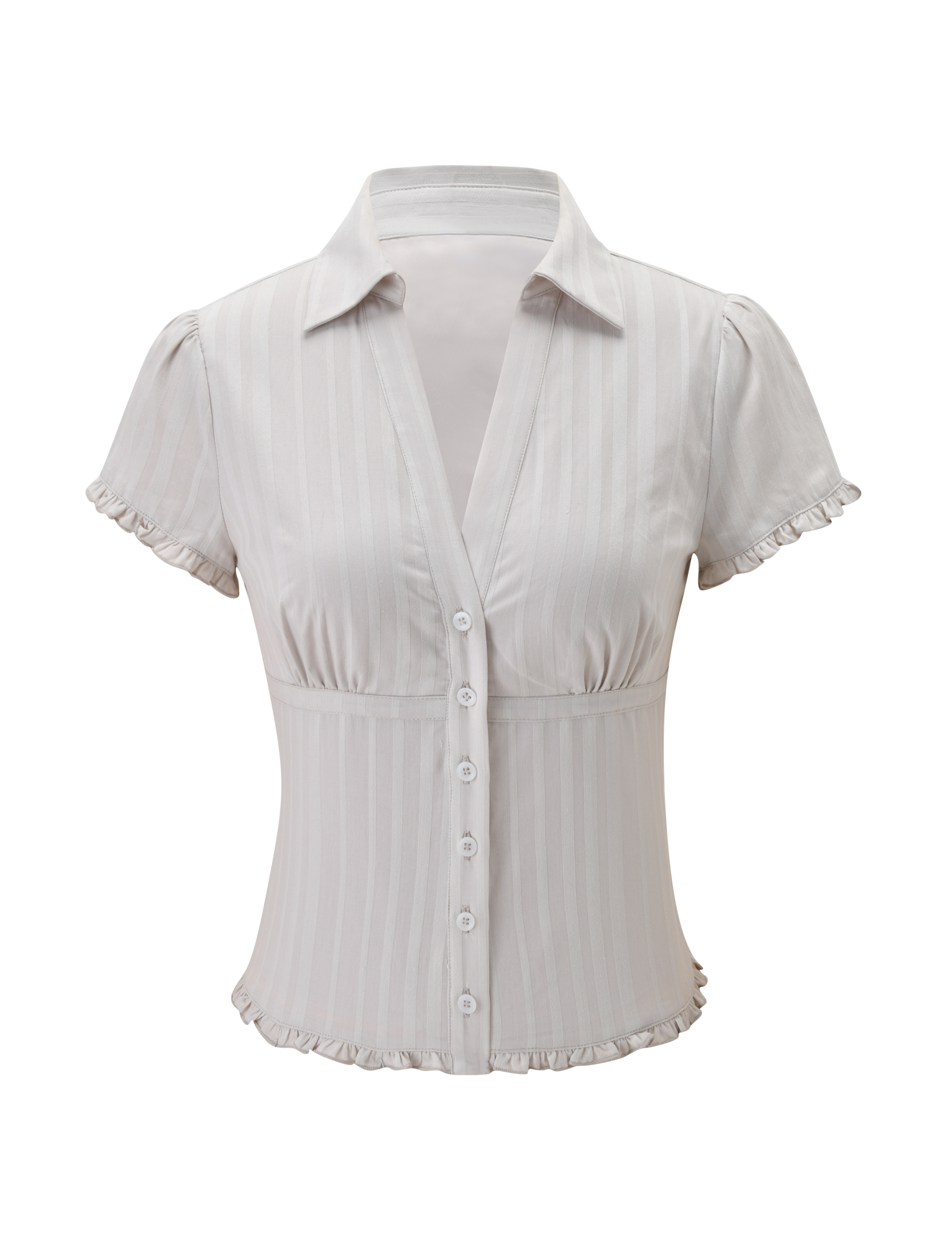 The VALERIE SHORT SLEEVE SHIRT - GREY by TIGERMIST is a grey cotton shirt with short sleeves, a deep V-neckline, fitted waist, subtle vertical stripes, ruffled sleeve edges, and a charming ruffled hem.