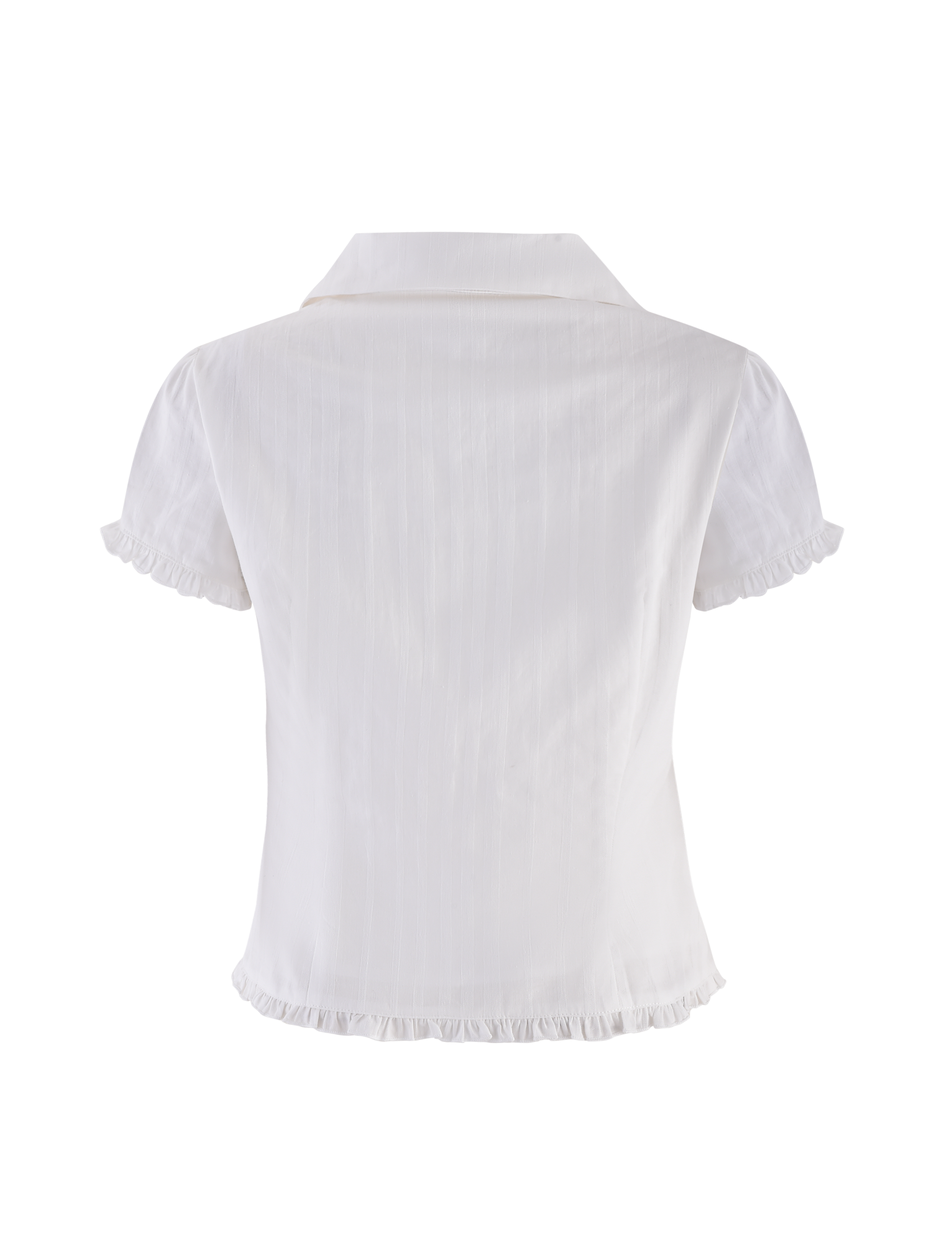 Back view of the TIGERMIST VALERIE SHORT SLEEVE SHIRT in white, featuring a fitted silhouette, collared neckline, subtle vertical stripes, and delicate ruffled trim on the sleeves and hem.