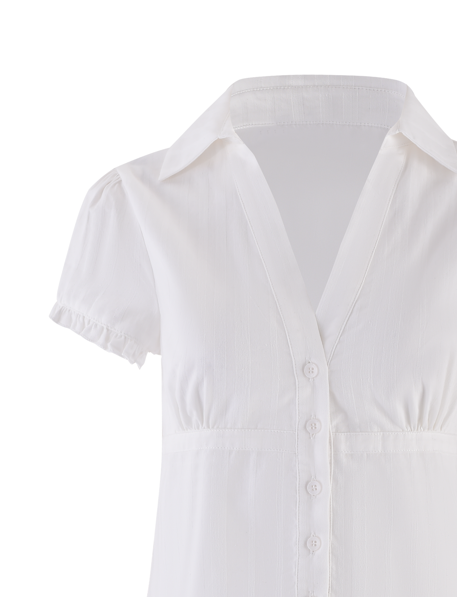 The TIGERMIST VALERIE SHORT SLEEVE SHIRT - WHITE features short puff sleeves, a V-neck with collar, button front, and fitted silhouette. Its subtle texture adds elegance to this versatile, flattering blouse.