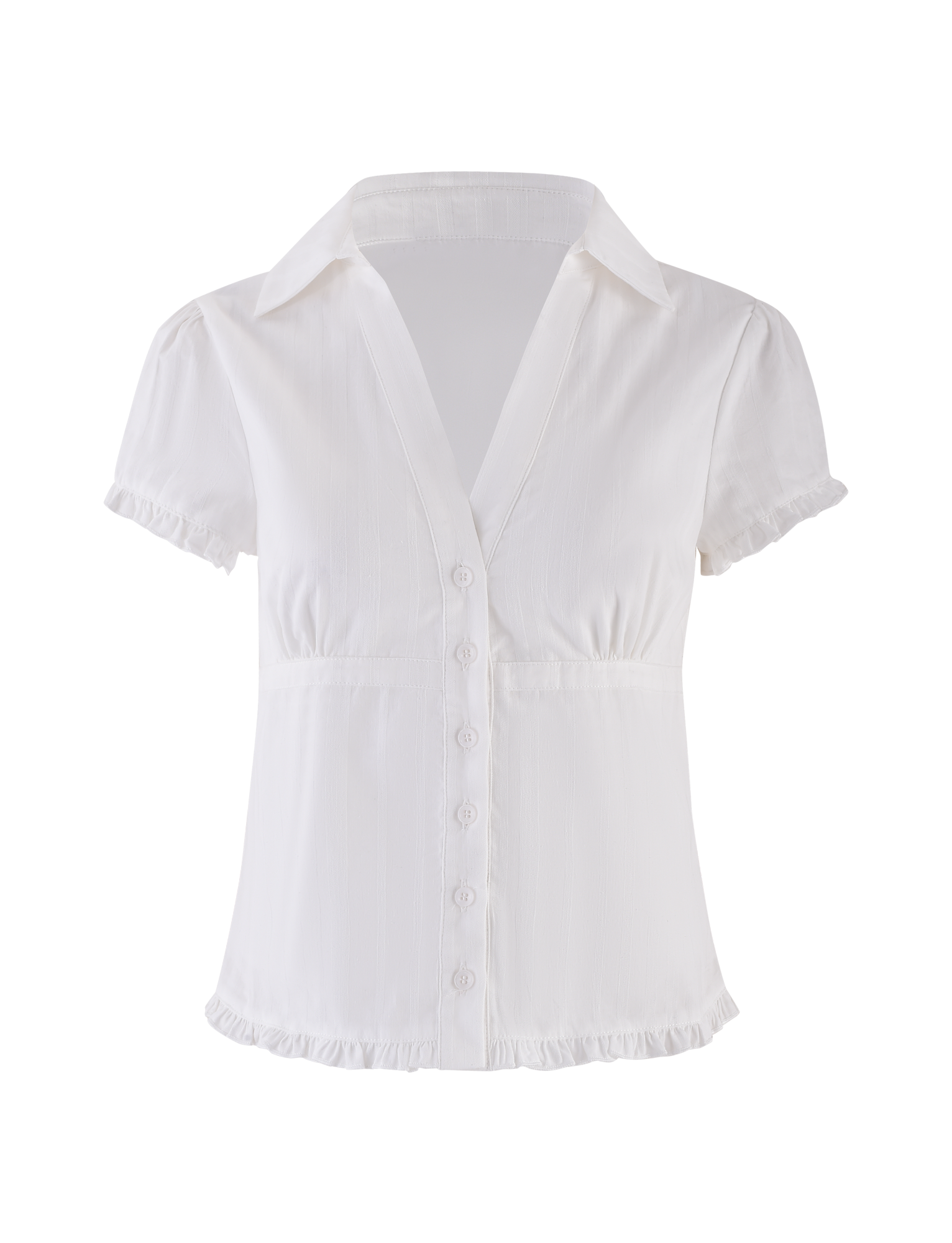 The TIGERMIST VALERIE SHORT SLEEVE SHIRT in white features a deep V-neck, front buttons, collar, and ruffle trim on the sleeves and hem. This fitted shirt flatters your silhouette.