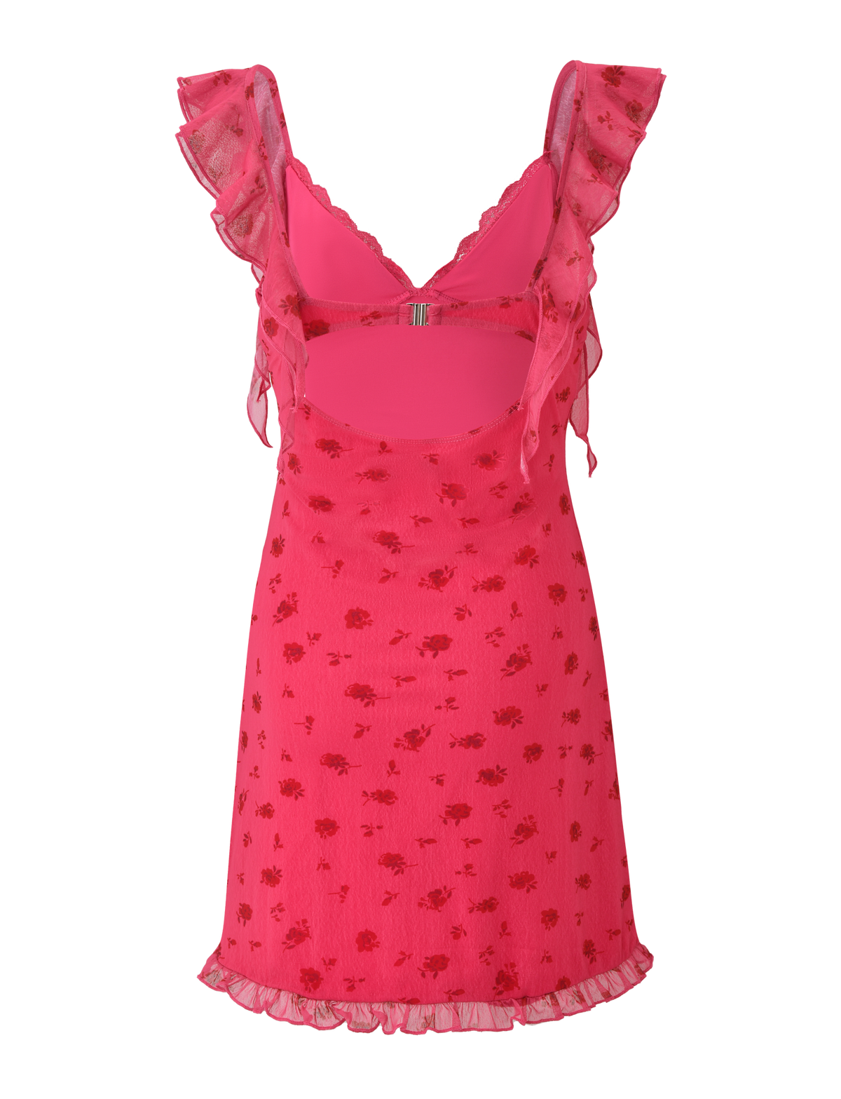 The AMARIS MINI DRESS - DITSY FLORAL by TIGERMIST features a sleeveless pink V-neck design with a sheer floral mesh overlay, ruffled straps, back cutout, lace-trimmed hem, and a fitted silhouette.
