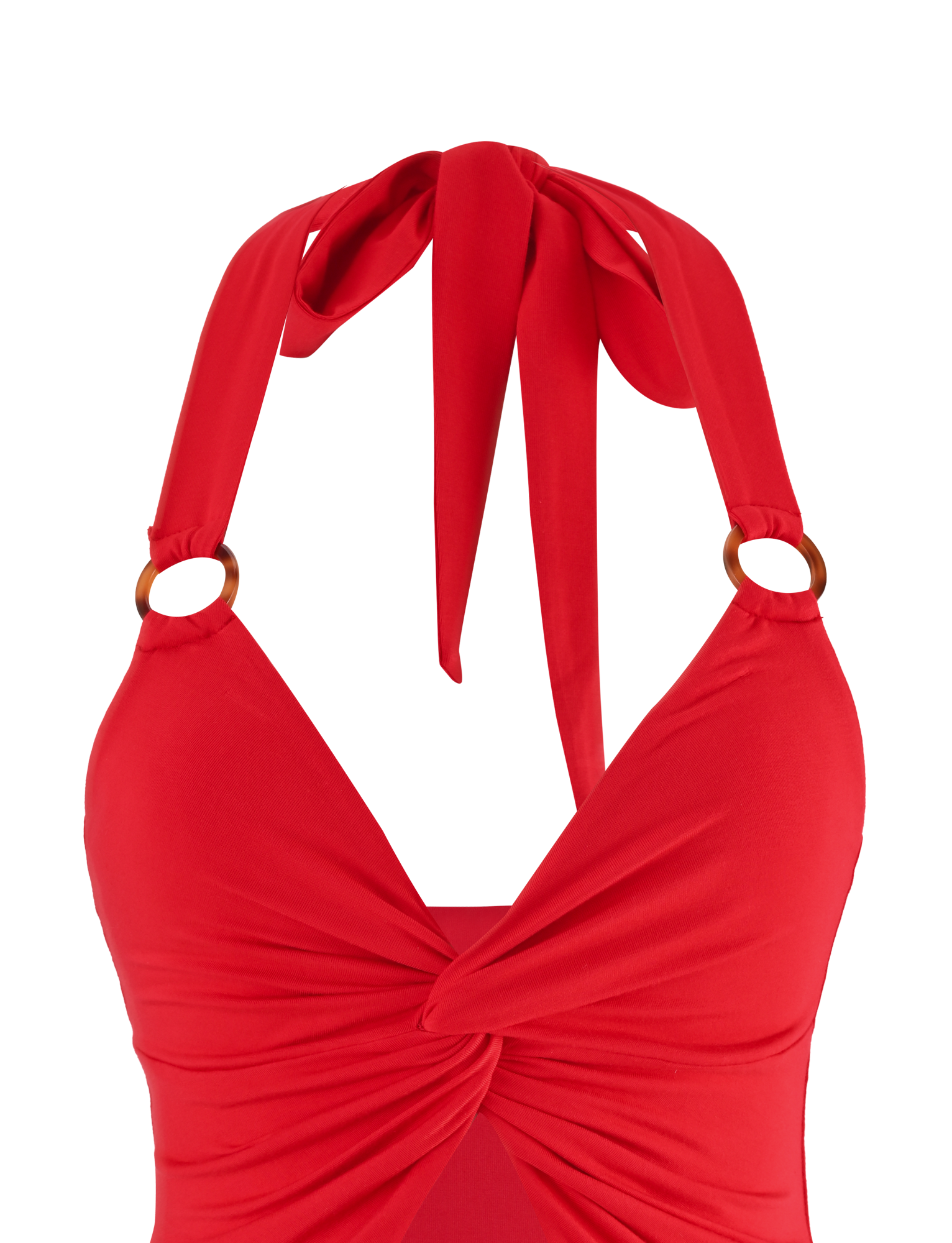 A close-up of the TIGERMIST ZENEVA TOP in red, featuring a halter neck, bust knot, twist detail, and tortoise shell ring accents on the straps, set against a white background.