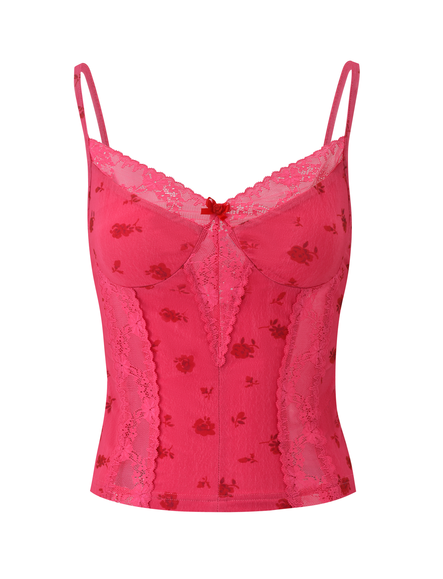 The KHALIA TOP - DITSY FLORAL by TIGERMIST features a bright pink floral design, spaghetti straps, delicate lace trim mesh panels, a small red bow at the neckline, sheer fabric, and elegant lace detailing along the seams.