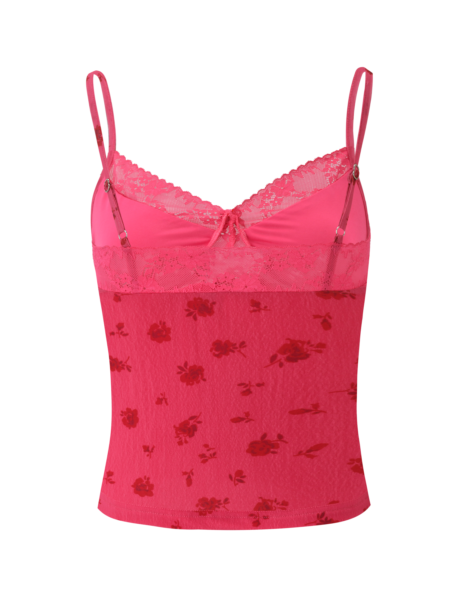 The KHALIA TOP - DITSY FLORAL by TIGERMIST is a pink floral camisole with adjustable spaghetti straps and lace trim, crafted from floral-patterned mesh for a feminine look.