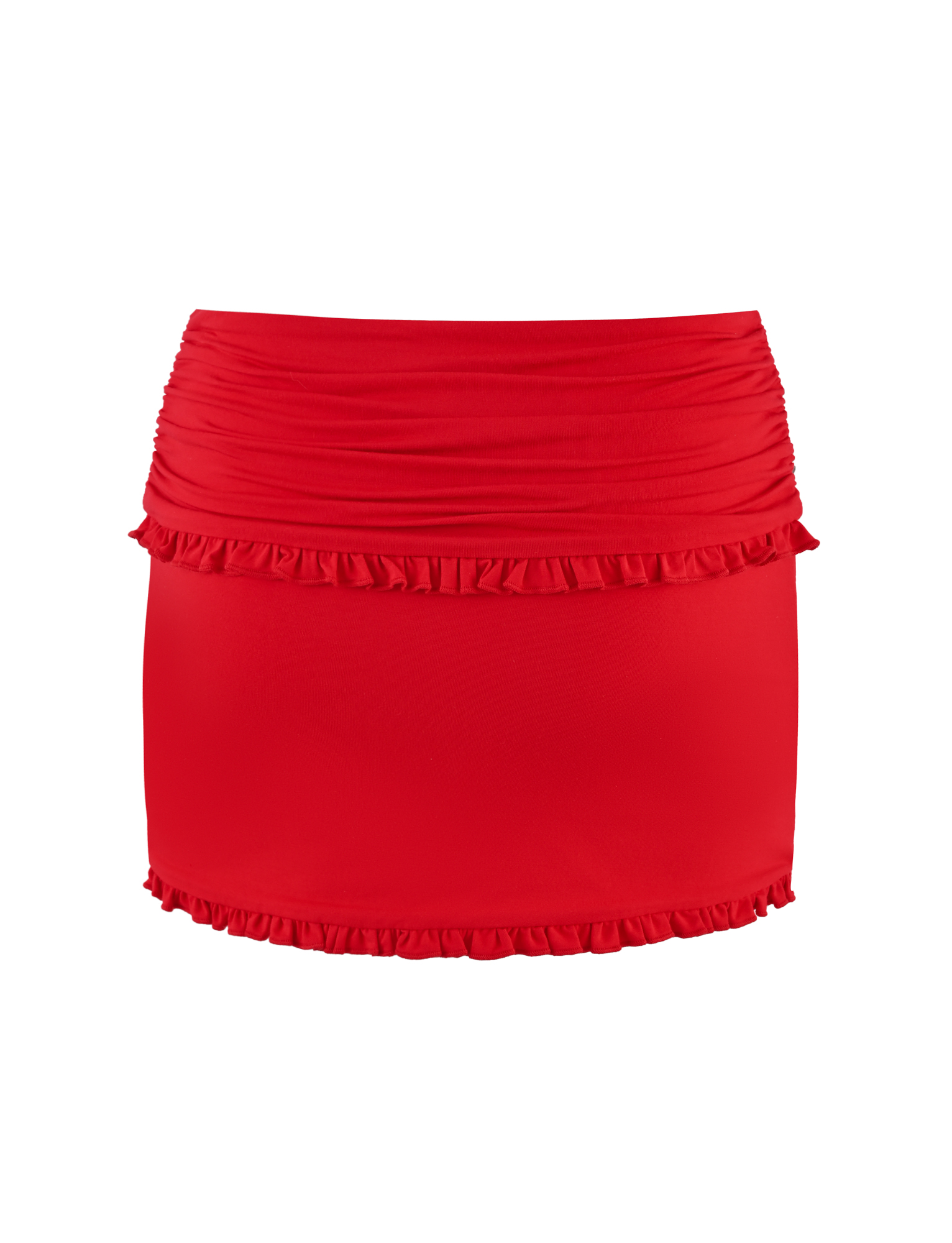 The TIGERMIST GINNY SKORT in red features a ruched waistband and ruffle trim at the top and bottom edges, shown against a white background.