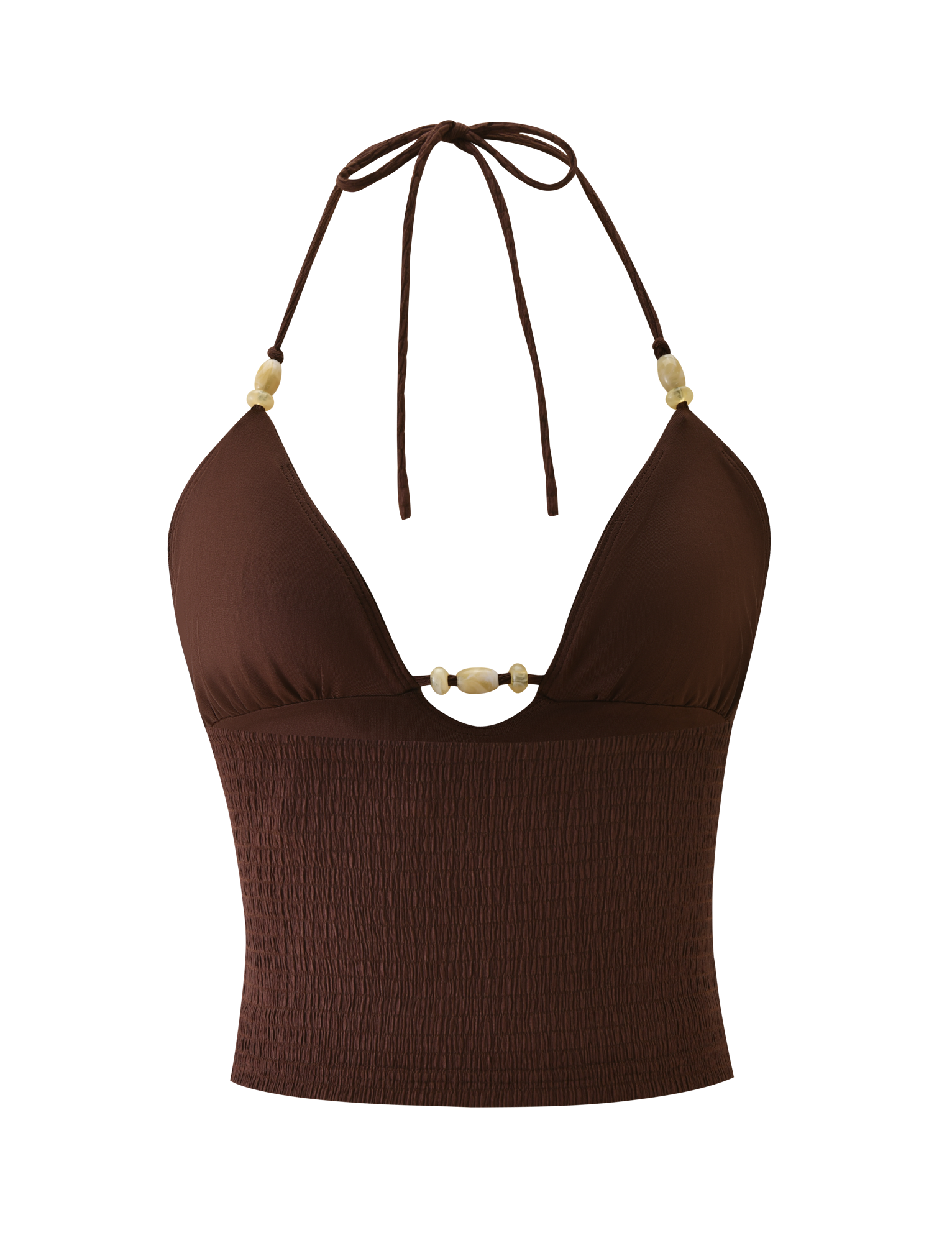 The ZINNIA TOP - CHOCOLATE by TIGERMIST features a smocked bodice, deep V neckline, light decorative beads on straps and center front, and an adjustable halter neck in textured stretchy knit for comfort.