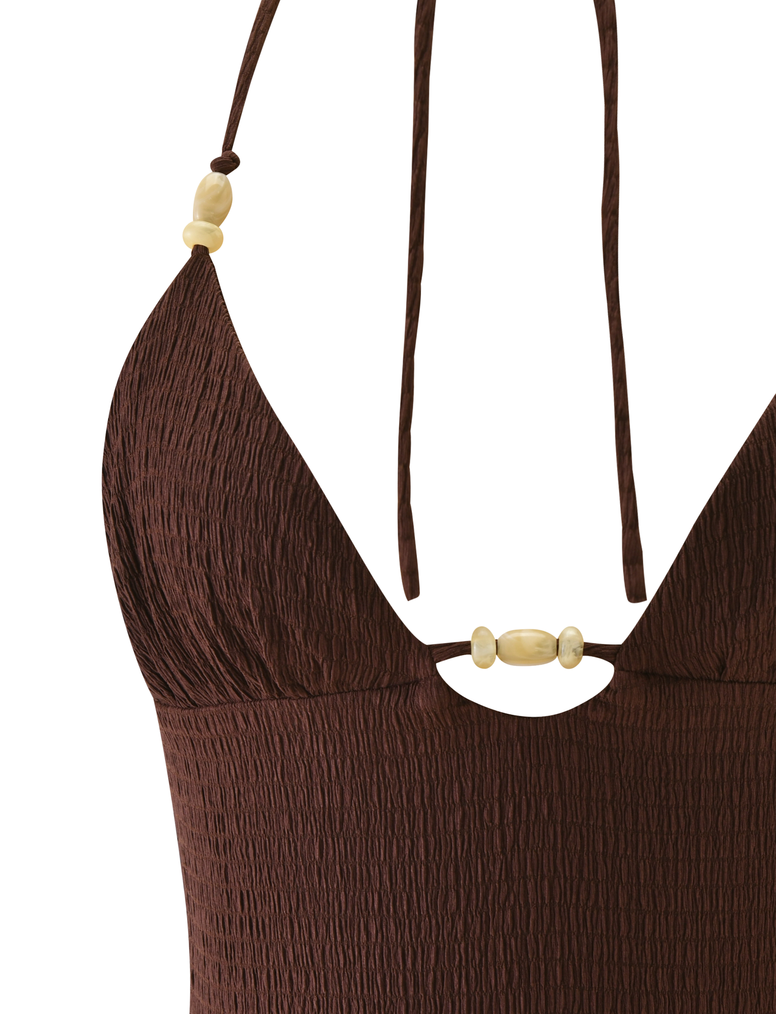 Close-up of the TIGERMIST ZINNIA TOP - CHOCOLATE, a textured stretch halter cami with a deep neckline, adjustable straps, and cream bead details. Set against a white background.
