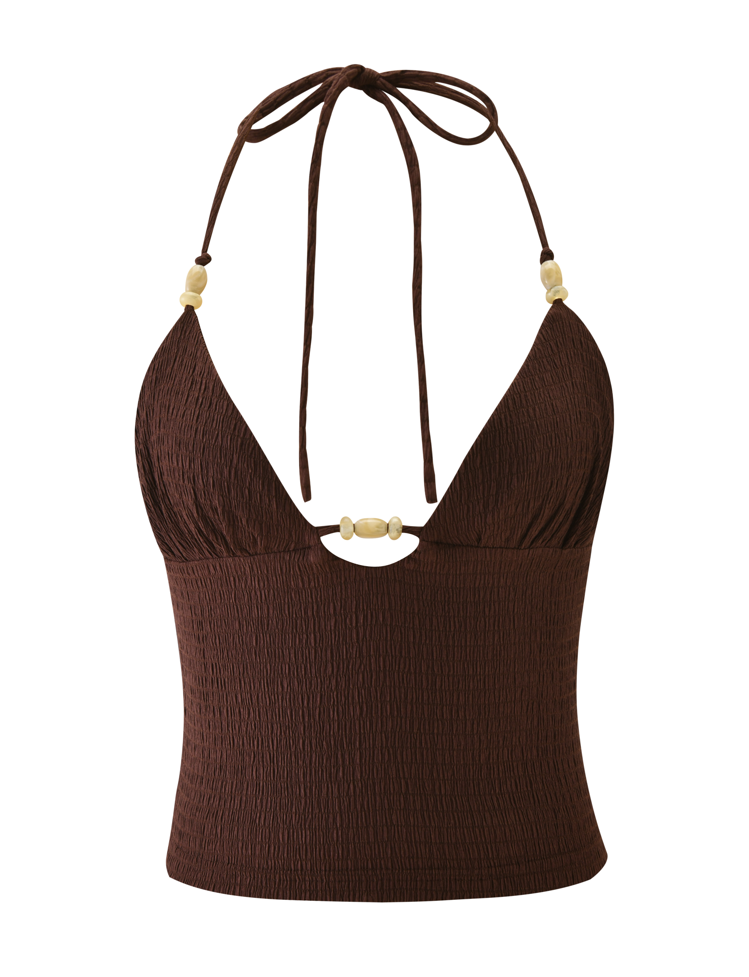 The ZINNIA TOP - CHOCOLATE by TIGERMIST is a textured, stretchy knit halter cami with an adjustable neck, deep V-neckline, and cream-colored bead accents on the straps and center front.