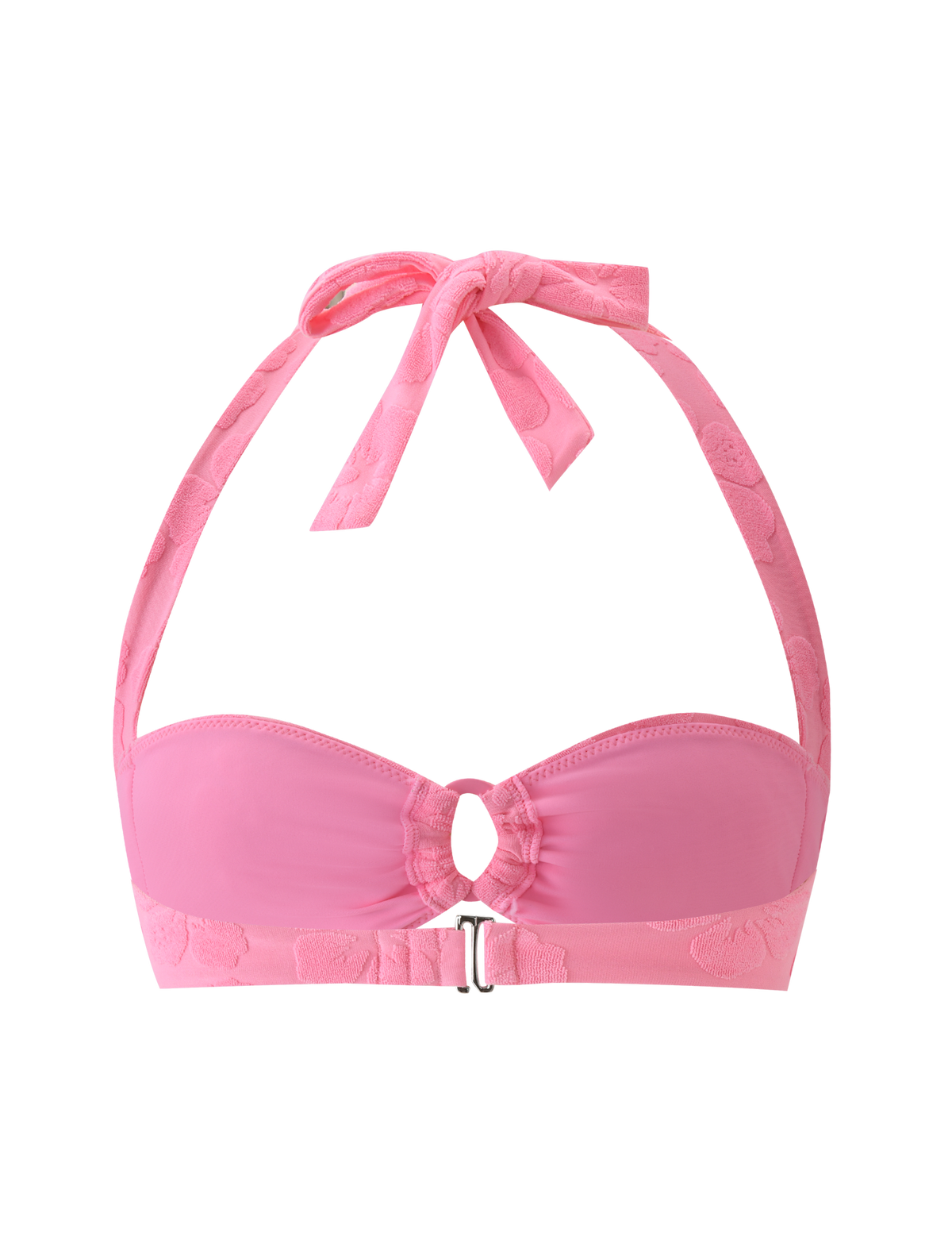 The TIGERMIST FIORA BIKINI TOP in baby pink features textured halter straps, a front clasp, adjustable neck tie, and a subtle floral band pattern, shown against a pink background.