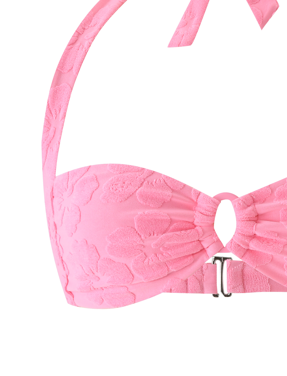 A close-up of the TIGERMIST FIORA BIKINI TOP in baby pink, showcasing its floral texture, halter straps, and a silver front clasp.