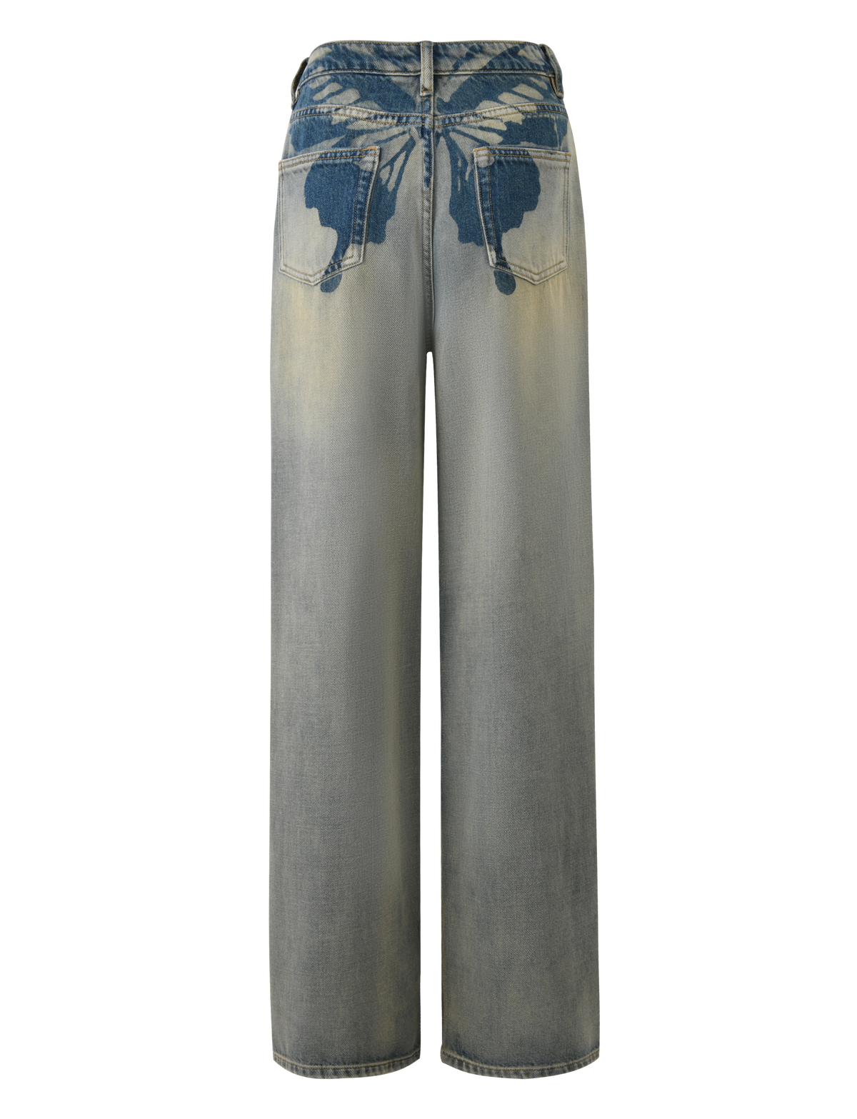 The TIGERMIST ZANTHE JEAN in grey wash features an oversized wide-leg fit and is shown from the back, highlighting two large indigo blue angel wing designs above the rear pockets on rigid denim.