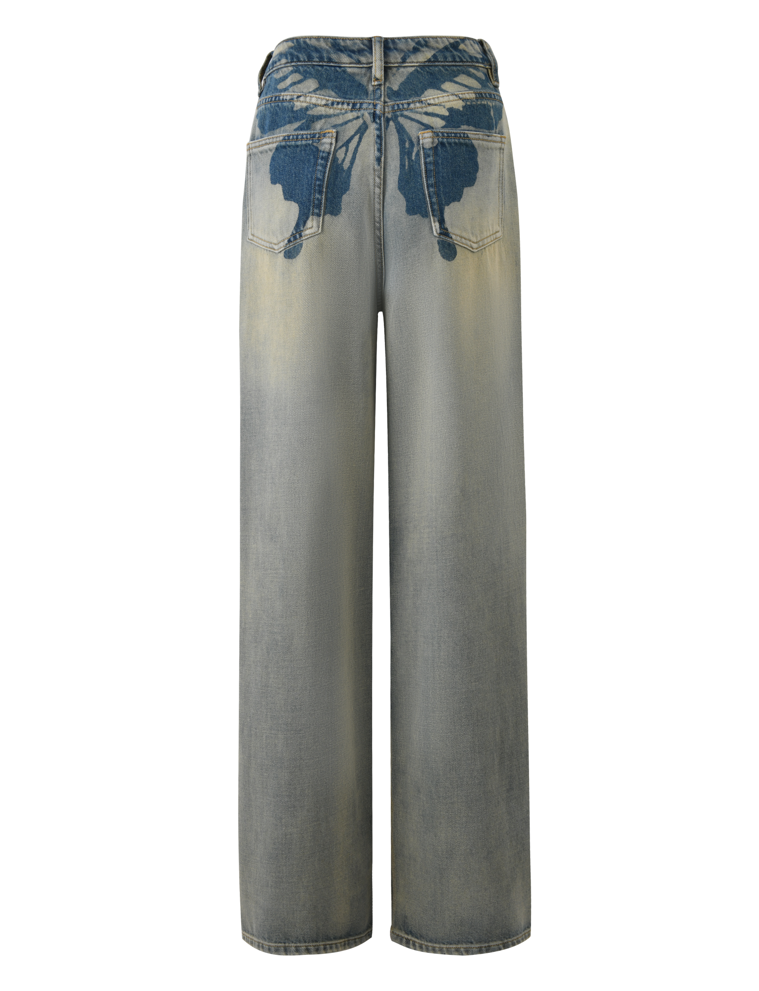 The TIGERMIST ZANTHE JEAN in grey wash features an oversized wide-leg fit and is shown from the back, highlighting two large indigo blue angel wing designs above the rear pockets on rigid denim.
