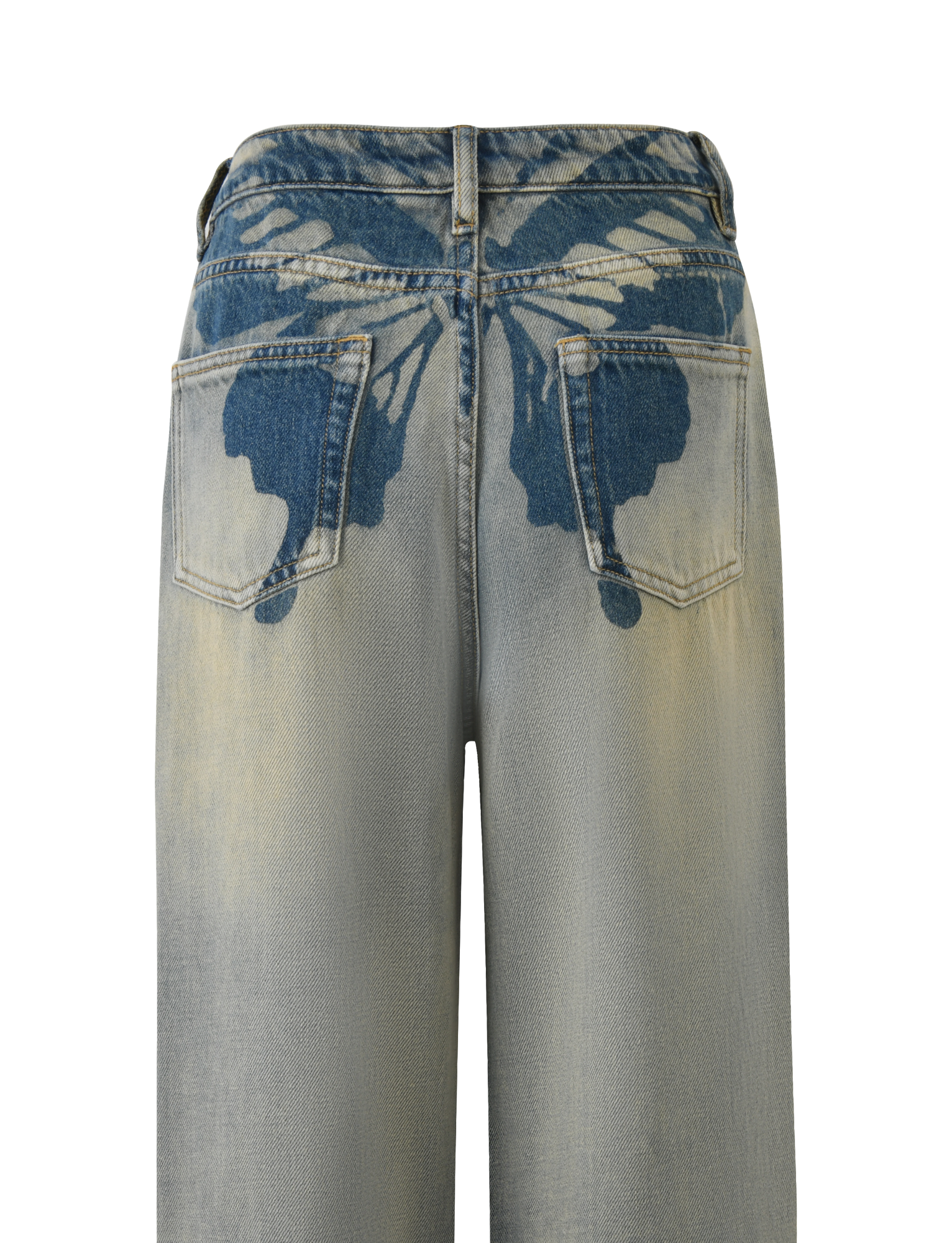 Back view of the ZANTHE JEAN - GREY WASH by TIGERMIST in rigid denim, featuring an oversized fit and a bold butterfly print spanning both back pockets and extending toward the waistband.
