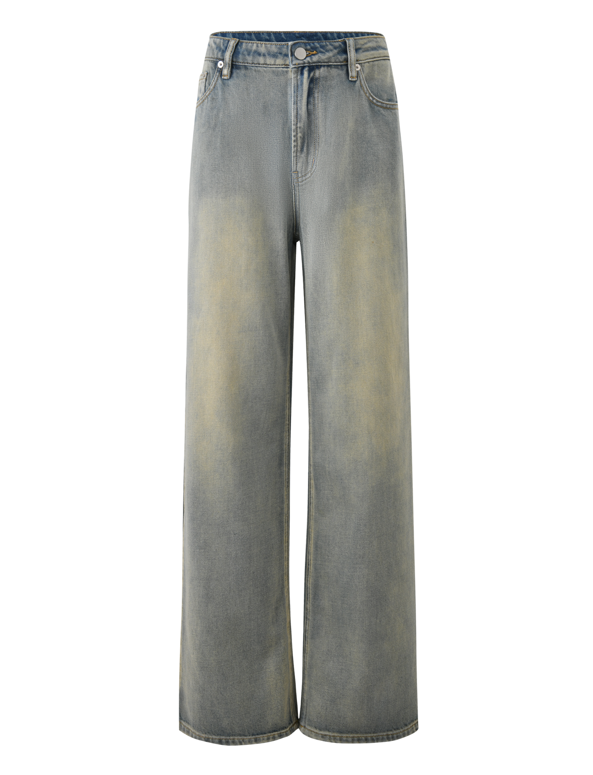 The ZANTHE JEAN - GREY WASH by TIGERMIST features a wide-leg, high-waisted fit in rigid denim with faded, vintage look patches and classic five-pocket styling plus a button fly.