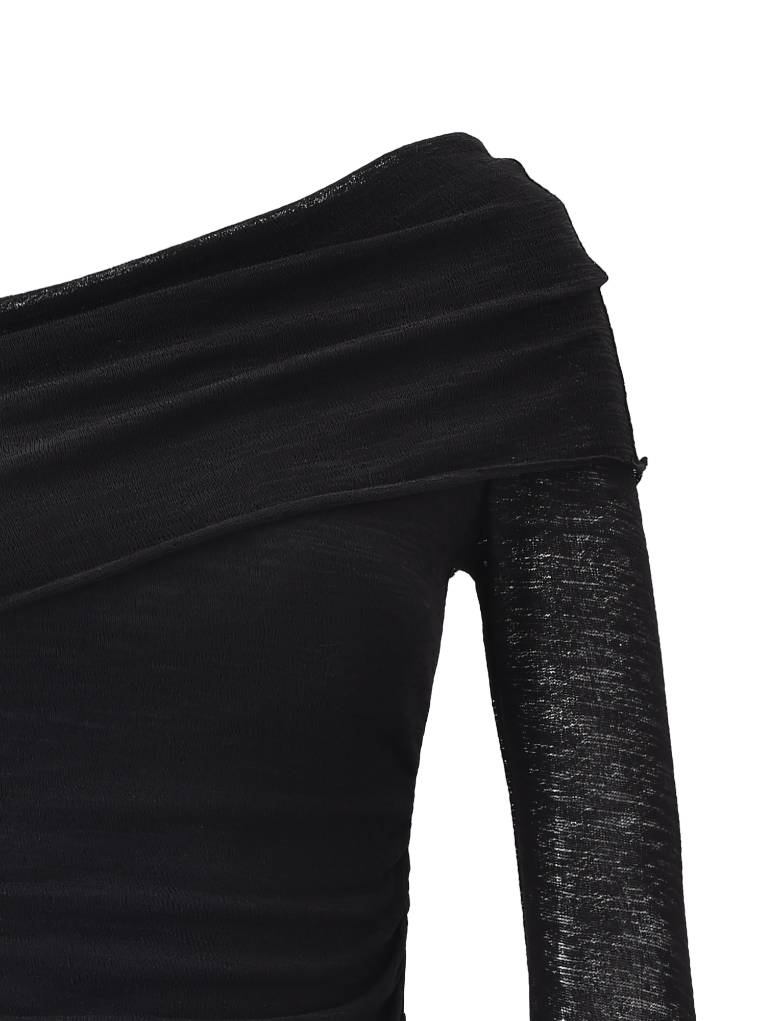 Close-up of the VERA TOP - BLACK by TIGERMIST, featuring an off-shoulder draped neckline and sheer, lightweight textured knit fabric on the long sleeves and shoulders.