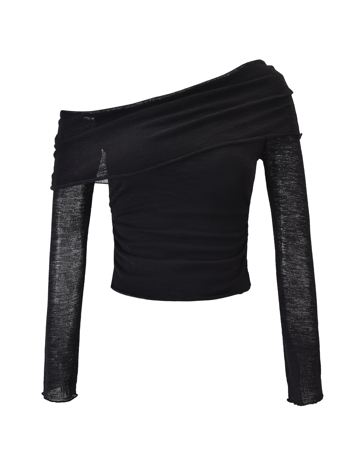 The VERA TOP - BLACK by TIGERMIST is a black long sleeve knit with a lightweight textured fabric and an asymmetrical off-shoulder neckline, shown on a plain white background.