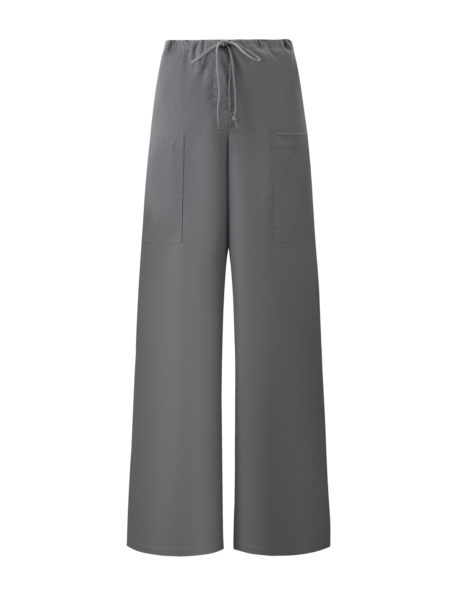 The TYSHA PANT - CHARCOAL by TIGERMIST features a wide-leg cargo style with an elastic drawstring waist and two large front patch pockets, shown against a plain white background.