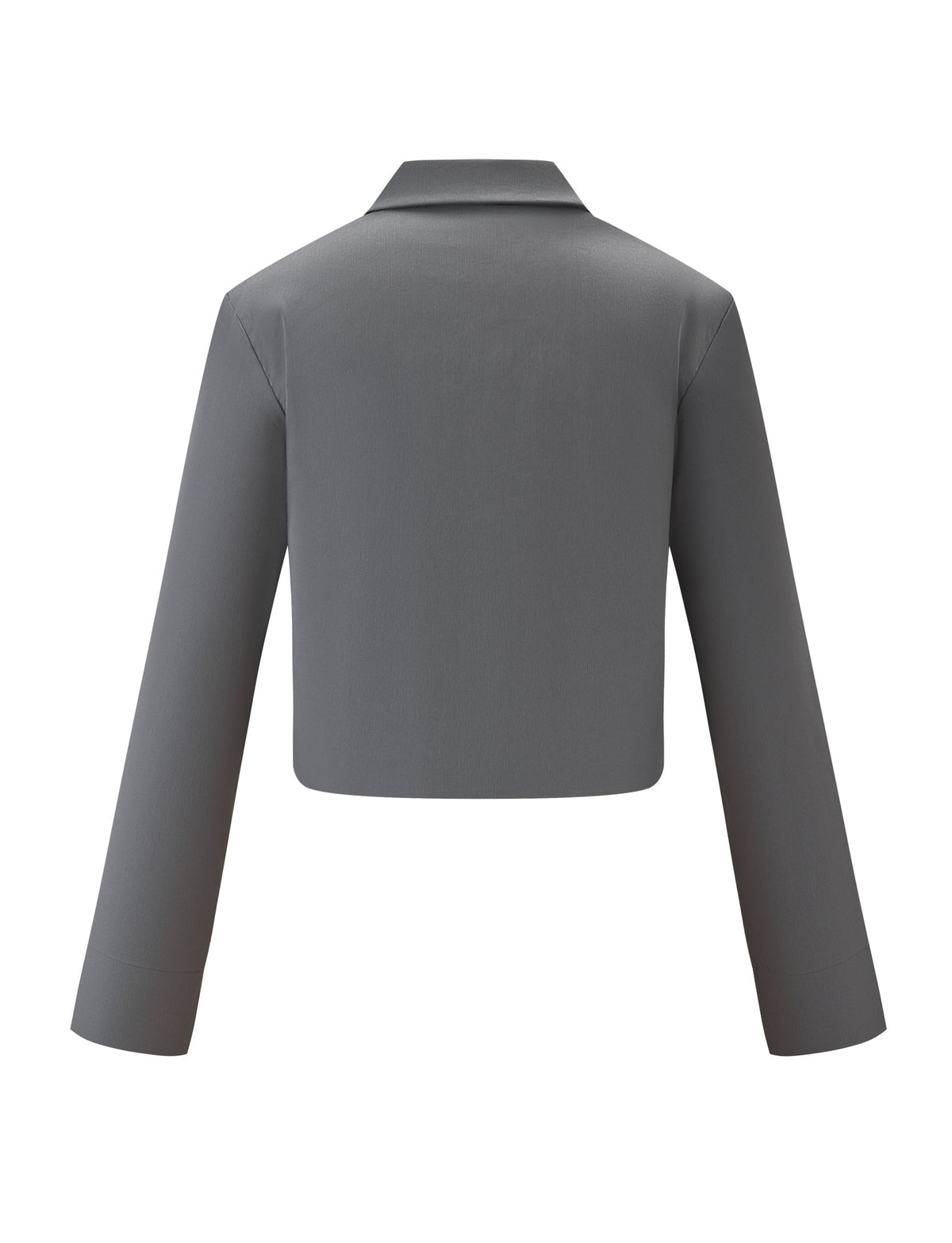 Back view of the TIGERMIST TYSHA JACKET - CHARCOAL: a cropped cargo jacket featuring a notched collar, straight hem, tailored boxy fit, and lightly ribbed fabric.