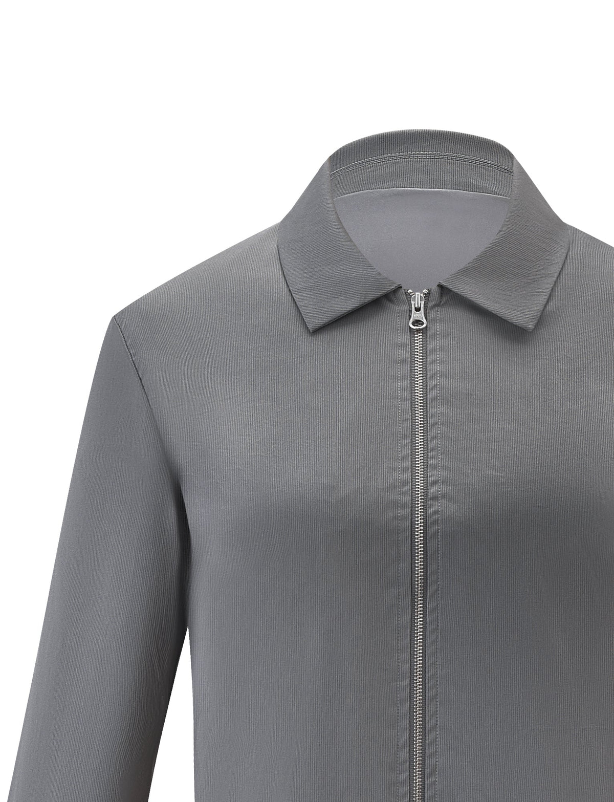 A close-up of the TIGERMIST TYSHA JACKET - CHARCOAL, featuring a collar, boxy fit, long sleeves, and smooth fabric. The jacket's zipper is fully closed and it's displayed against a plain white background.