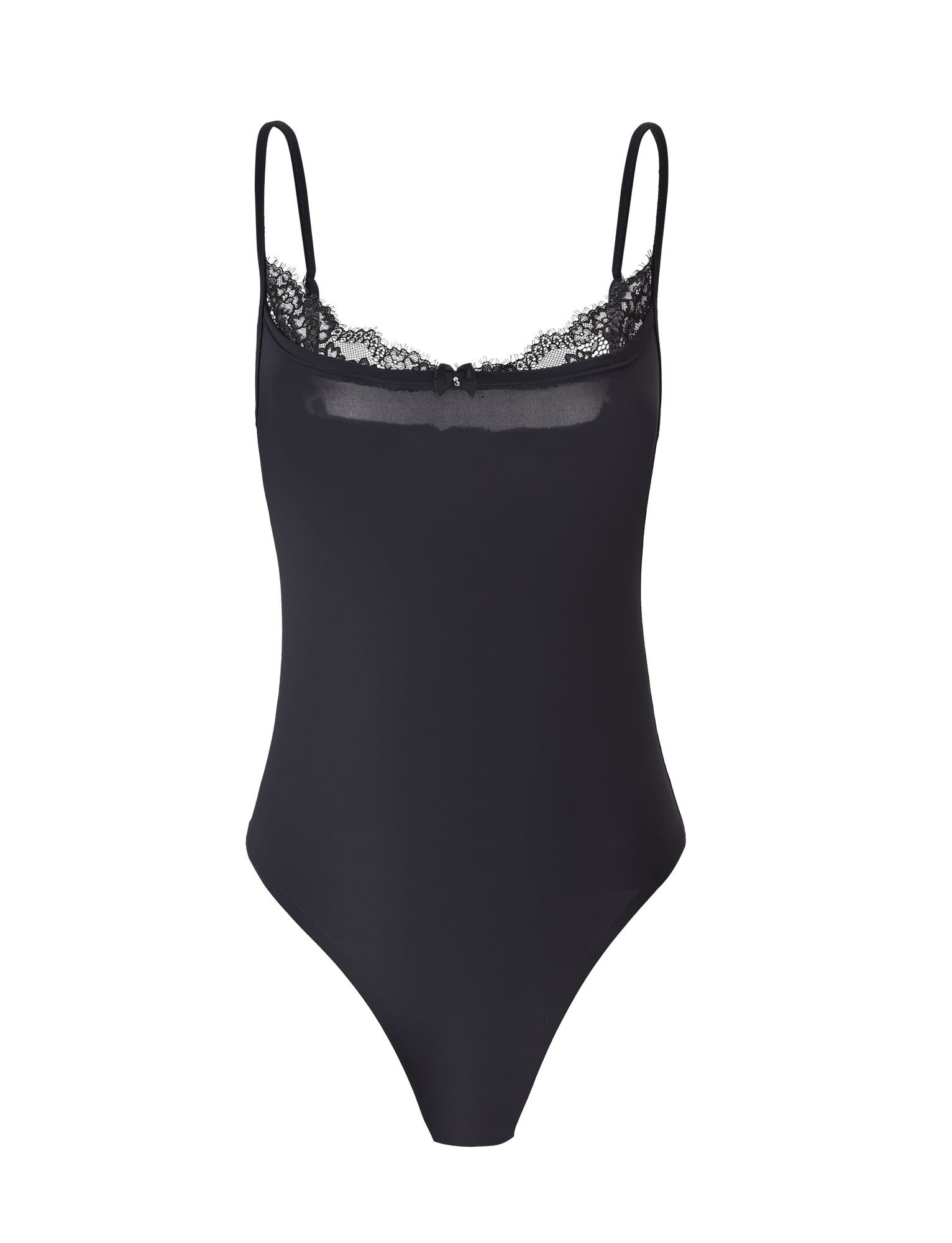 The ASTRID BODYSUIT - BLACK by TIGERMIST features adjustable shoulder straps and delicate lace trim along the neckline, shown against a plain background.