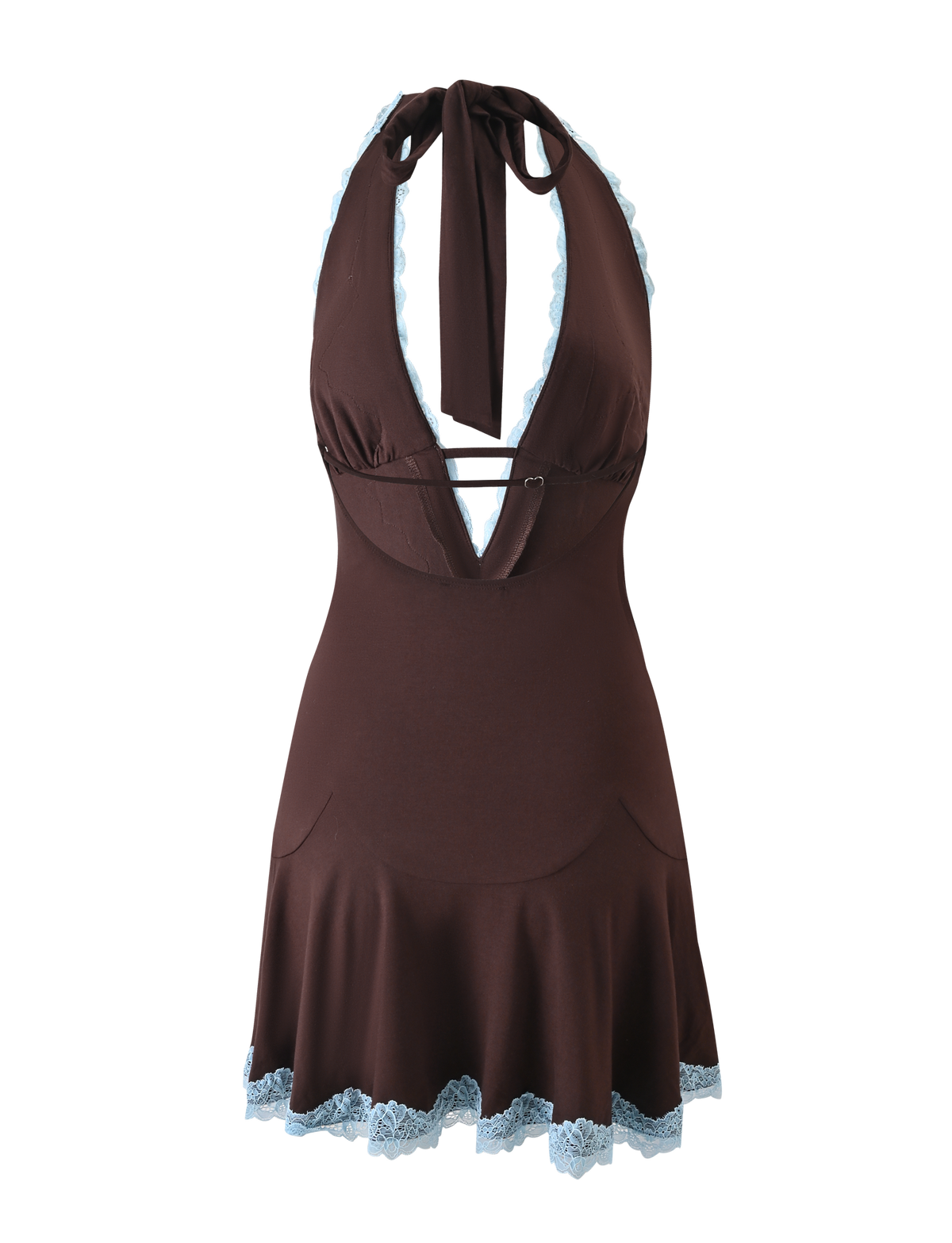 The TIGERMIST TALIYAH MINI DRESS in chocolate is a sleeveless halter mini dress with a deep V-neckline, blue lace-trimmed hem, and a fitted bodice that flares into a short skirt.