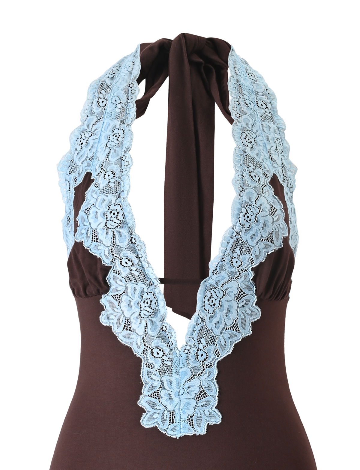 The TALIYAH MINI DRESS by TIGERMIST in chocolate is a halter mini dress with a deep V neckline and wide blue floral lace trim.