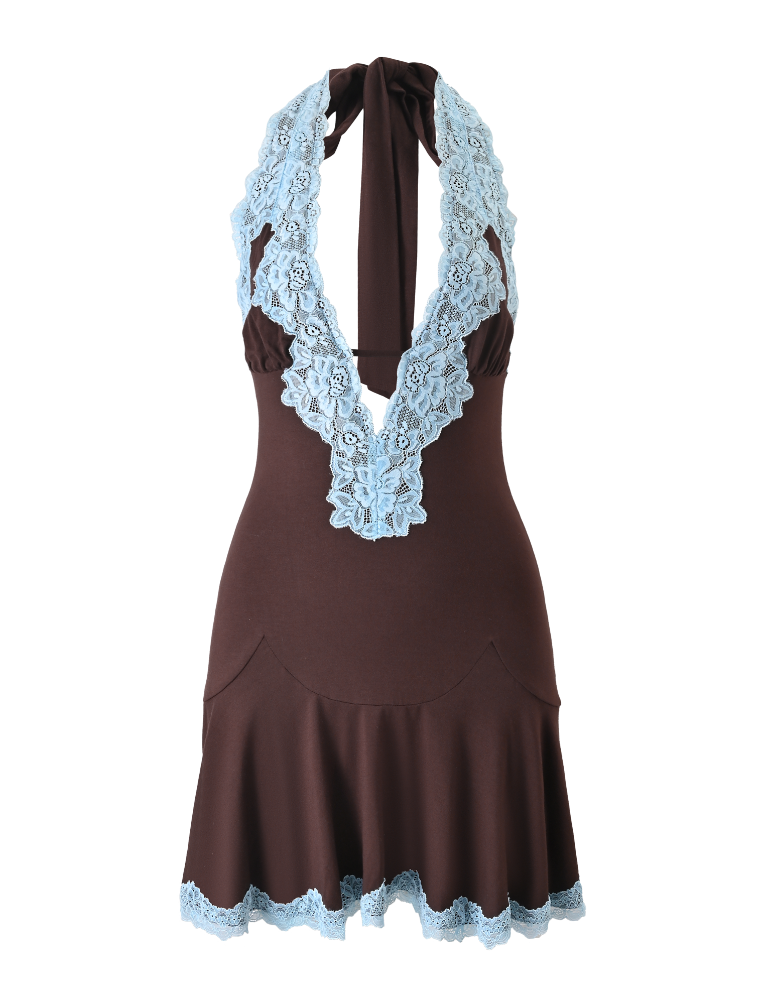 The TALIYAH MINI DRESS by TIGERMIST is a chocolate brown halter mini dress with light blue lace on the neckline and hem, a deep V-neck, and a flared skirt.