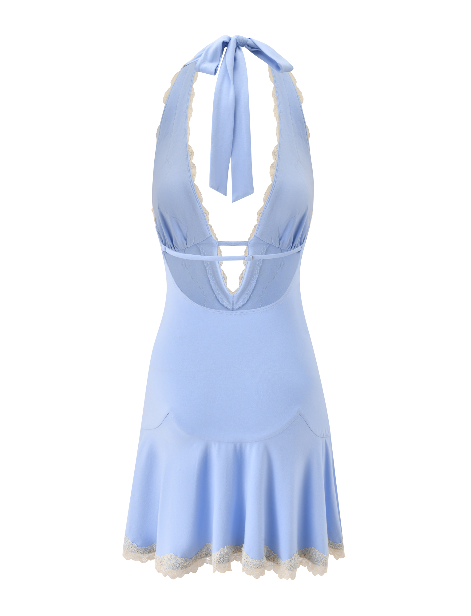 Introducing the TALIYAH MINI DRESS - CORNFLOWER AND CREAM LACE by TIGERMIST: This light cornflower blue halter mini dress features a deep V neckline, delicate cream lace trim at the neckline and hem, and a flared skirt. The dress ties at the neck in back and is designed with a fitted waist to flatter your silhouette.