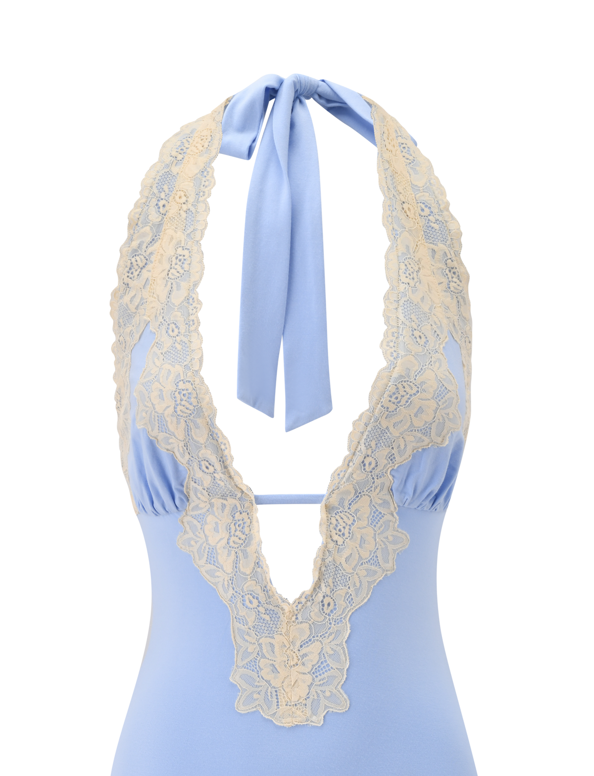 The TALIYAH MINI DRESS in cornflower and cream lace by TIGERMIST showcases a deep V-neckline edged with delicate beige lace and features a wide fabric halter tie at the neck, presented against a plain white background.