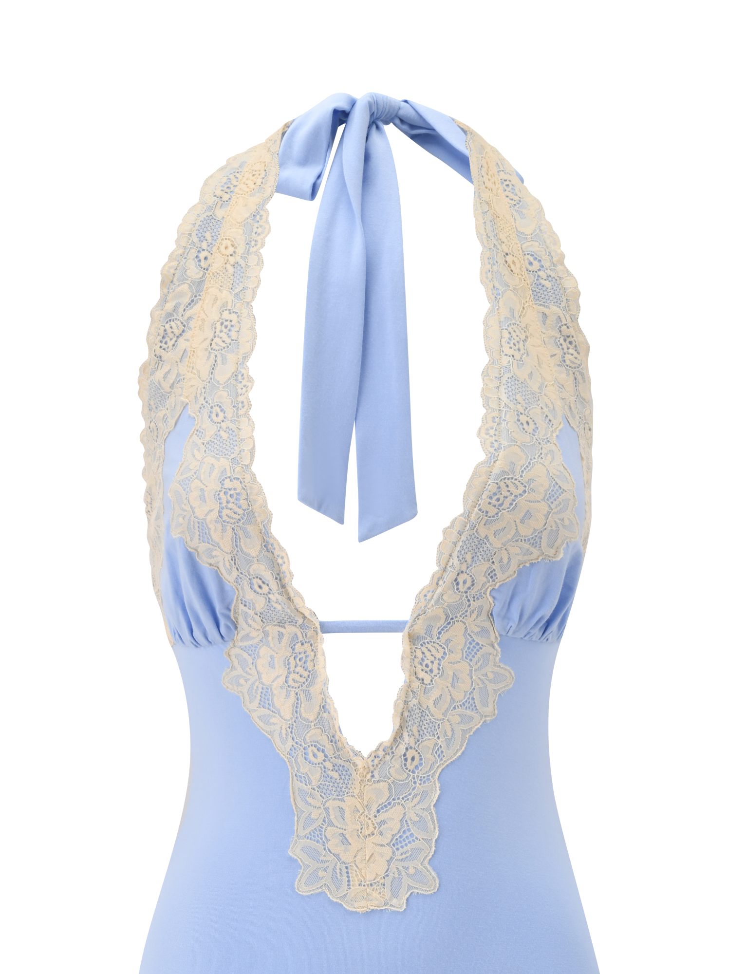 The TALIYAH MINI DRESS in cornflower and cream lace by TIGERMIST showcases a deep V-neckline edged with delicate beige lace and features a wide fabric halter tie at the neck, presented against a plain white background.