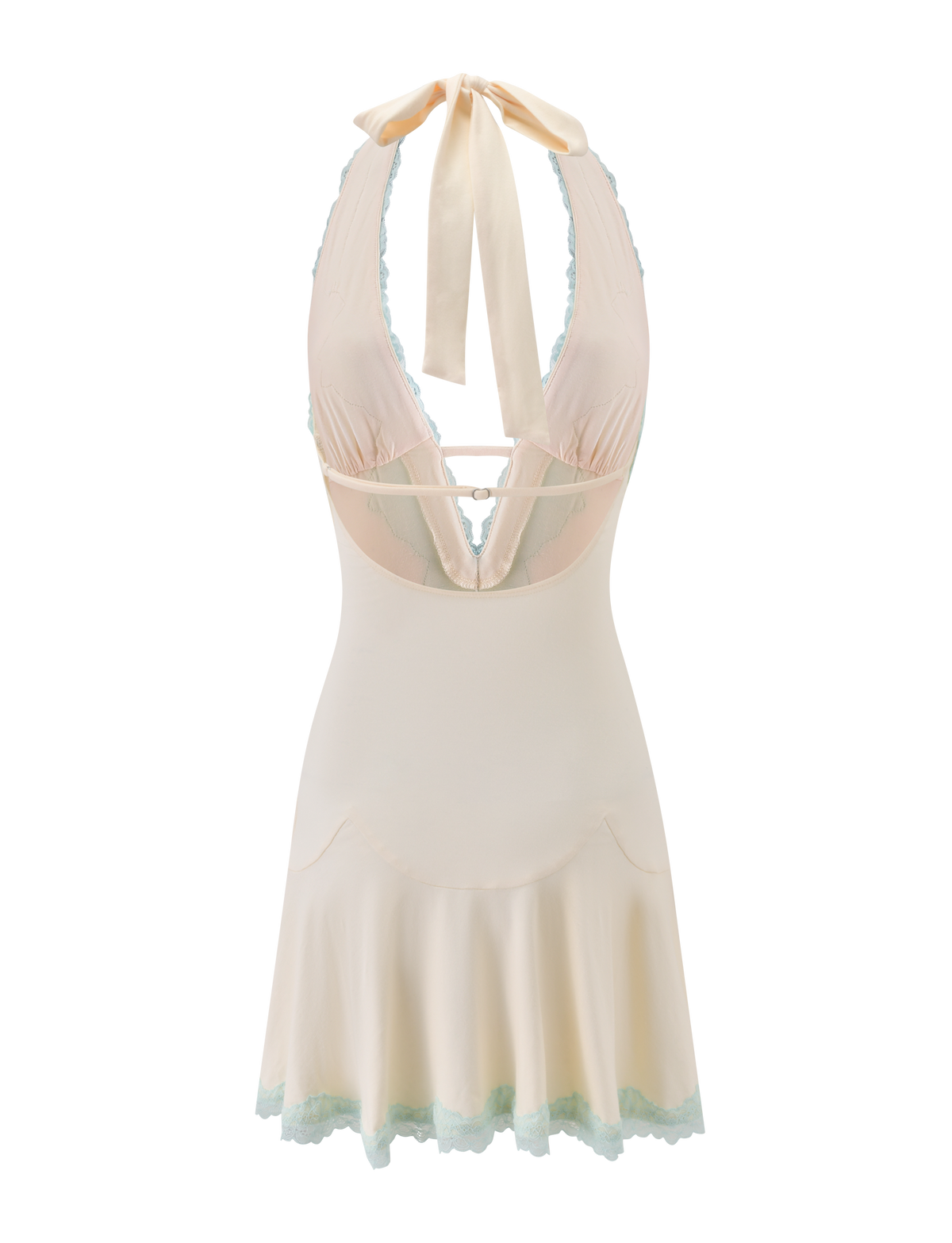 The TALIYAH MINI DRESS by TIGERMIST features a cream hue with mint lace trim, a halter neckline with tie closure, a low back, and a flared hem—making it the ideal effortless summer dress, as beautifully showcased on a white background.