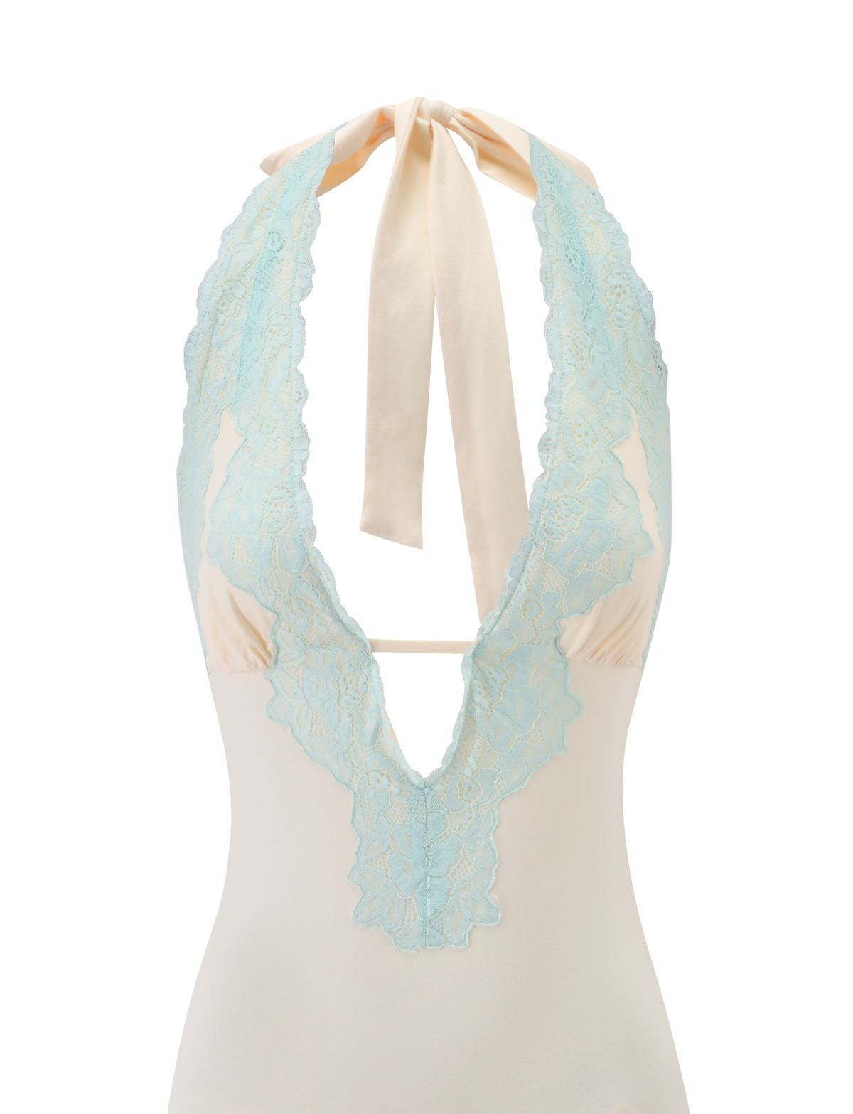 The TALIYAH MINI DRESS by TIGERMIST features a cream hue with mint lace detailing, highlighted by a chic halter neckline and an elegant wide ribbon tie at the neck.