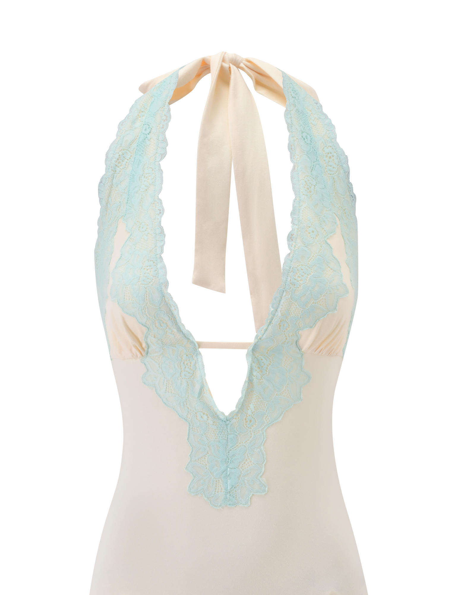 The TALIYAH MINI DRESS by TIGERMIST features a cream hue with mint lace detailing, highlighted by a chic halter neckline and an elegant wide ribbon tie at the neck.