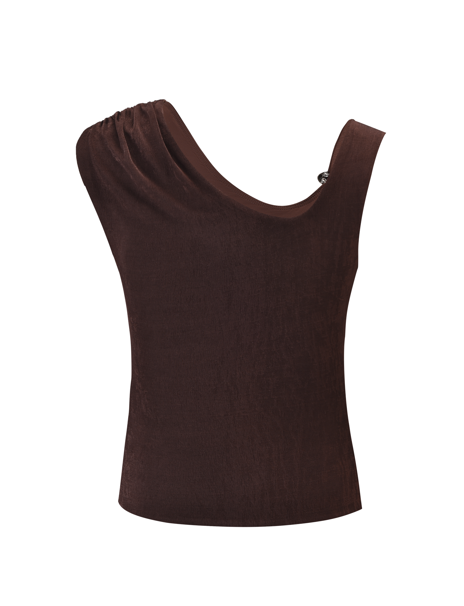 The TIGERMIST CASSIAN TOP in chocolate is a sleeveless tank with an asymmetrical one-shoulder neckline and side-gathered detail, crafted from slinky jersey for a flattering fit.