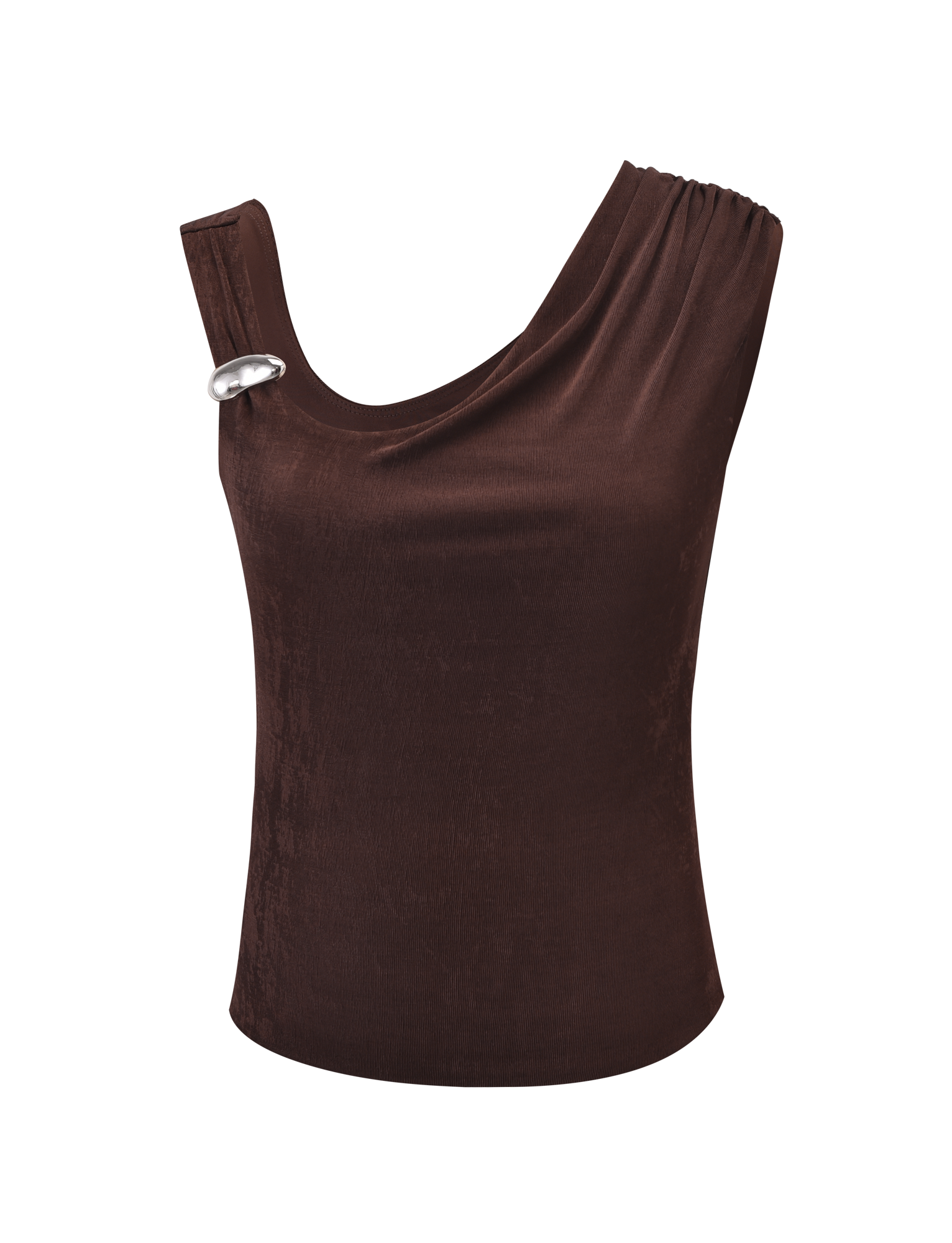 The CASSIAN TOP - CHOCOLATE by TIGERMIST is a sleeveless, chocolate brown velvet tank with an asymmetrical neckline and a silver clasp accent on one shoulder.