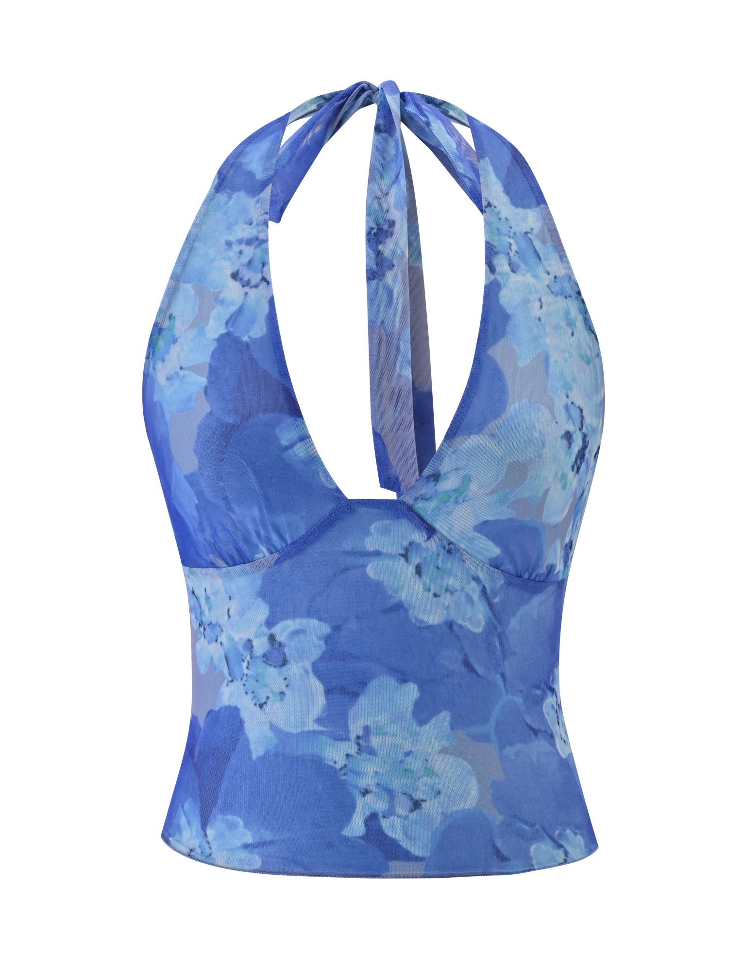 The DEVYN TOP - BLUE MACRO FLORAL by TIGERMIST is a sleeveless, backless halter in a bodycon fit, with high stretch fabric, V-neckline, neck tie, and a blue macro floral print with white accents.