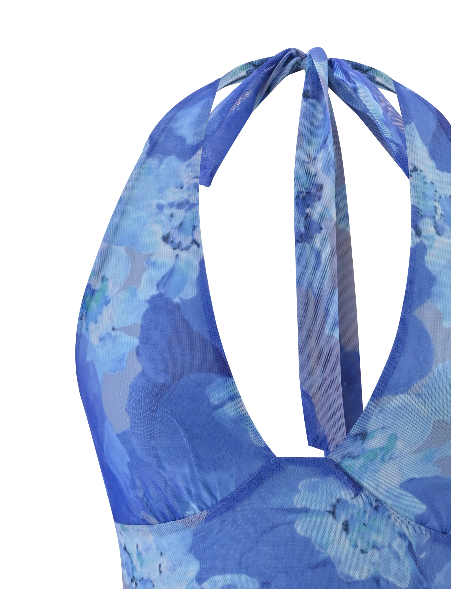Close-up of the back of the TIGERMIST DEVYN TOP in Blue Macro Floral, featuring crisscrossed halter neck straps and high-stretch fabric with a watercolor-style blue floral pattern.