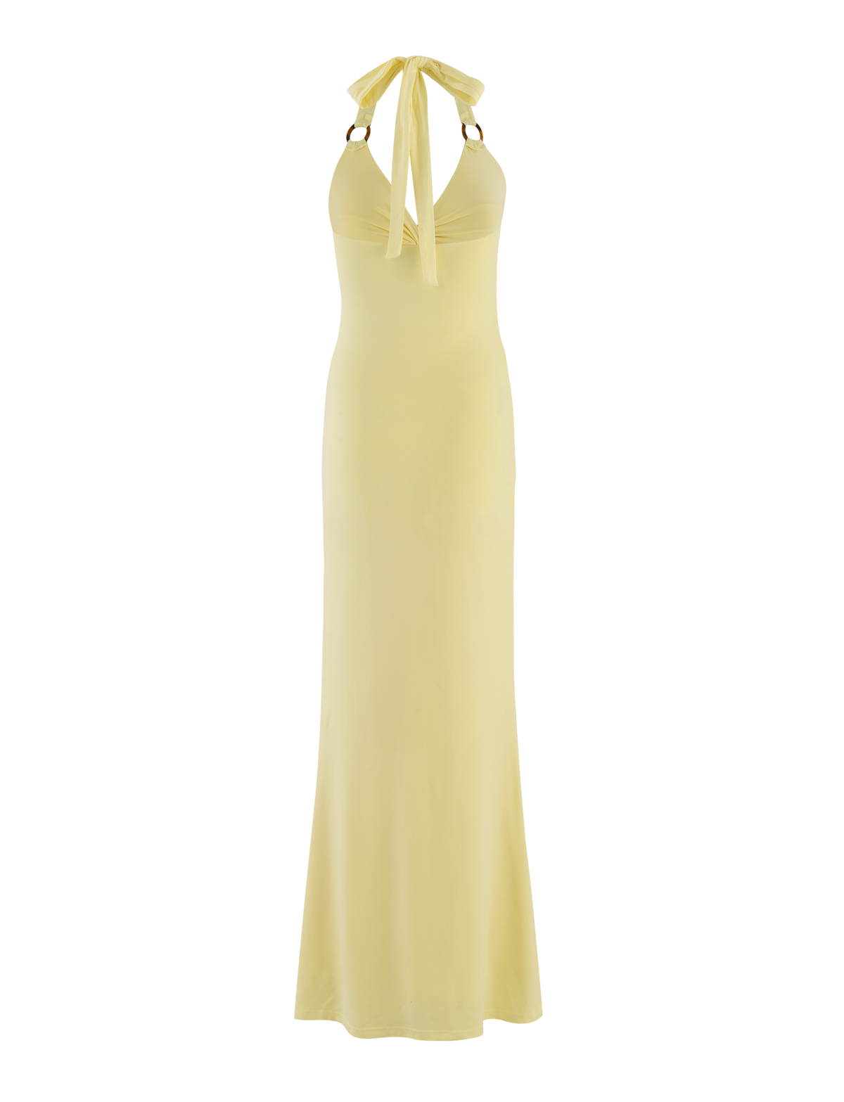 The ZENEVA MAXI DRESS - LEMON by TIGERMIST is a sleeveless, floor-length yellow halter dress with a fitted bodice, long neck ties, and soft buttery jersey fabric, shown against a white background.
