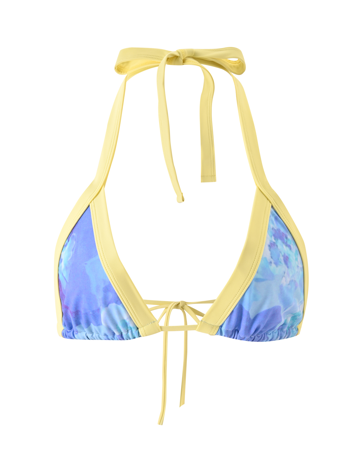 The TIGERMIST EMBERLAIN BIKINI TOP - BLUE MACRO FLORAL features a halter-neck with yellow straps and trim, crafted from high stretch fabric, and showcases blue and purple abstract prints. The top ties at the neck and back for an adjustable fit.