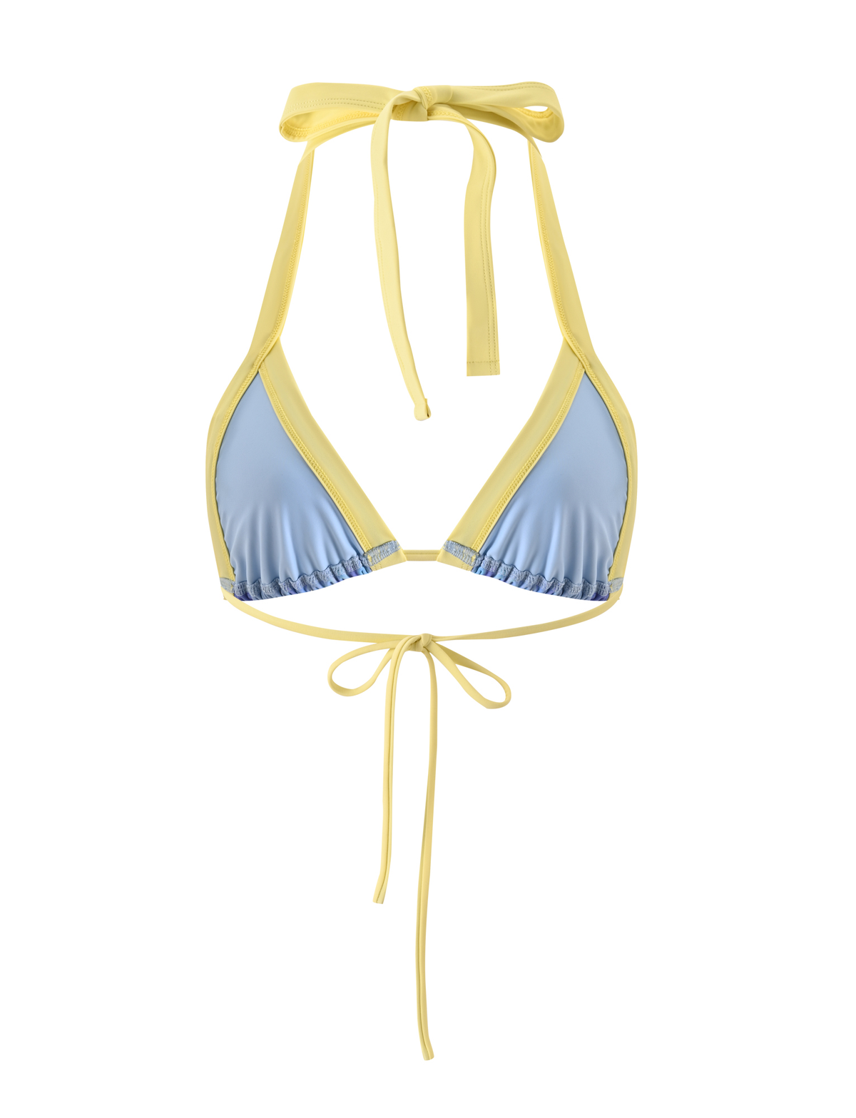 The EMBERLAIN BIKINI TOP - BLUE MACRO FLORAL by TIGERMIST is a high stretch halter bikini top in blue with yellow trim, featuring back tie closures and shown on a white background.