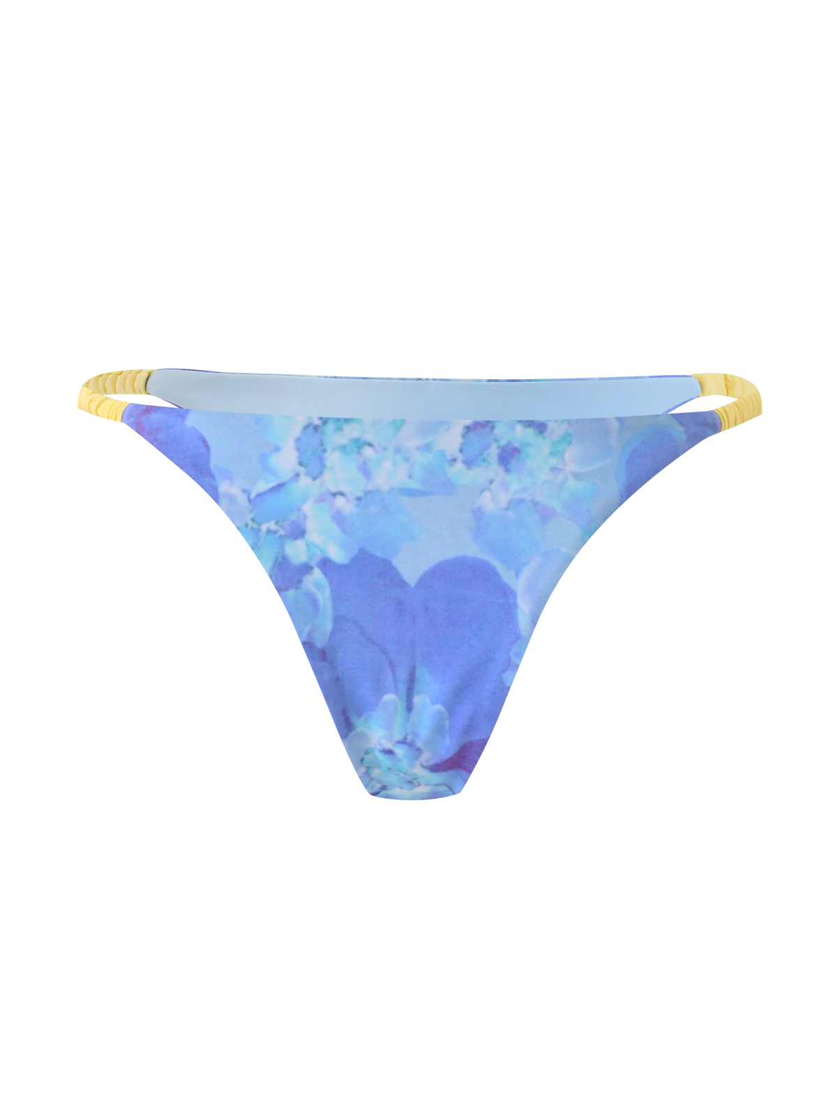 The TIGERMIST EMBERLAIN BIKINI BOTTOM - BLUE MACRO FLORAL features a vibrant blue floral print and thin yellow elasticated hip straps, shown against a white background.