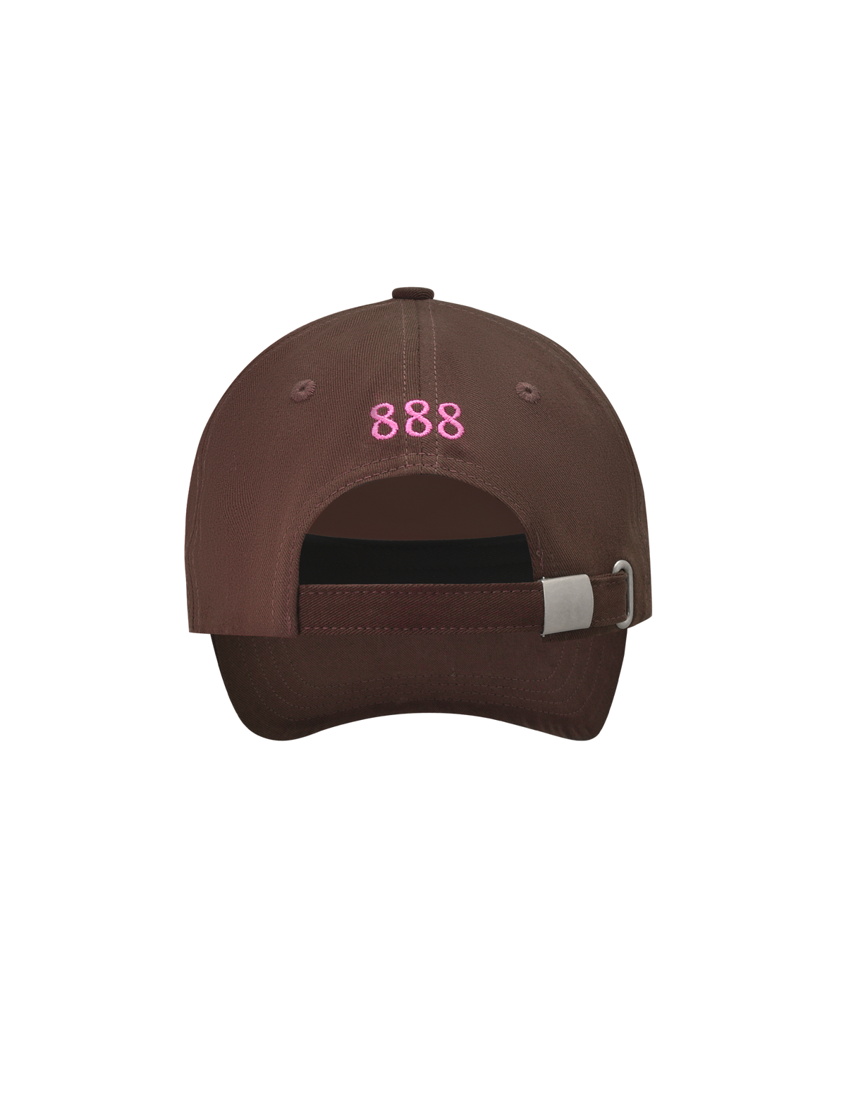 The MERRYN CAP - CHOCOLATE by TIGERMIST is a brown 5 panel hat seen from the back, with "888" embroidered in pink above an adjustable strap and silver buckle. Displayed against a plain white background.