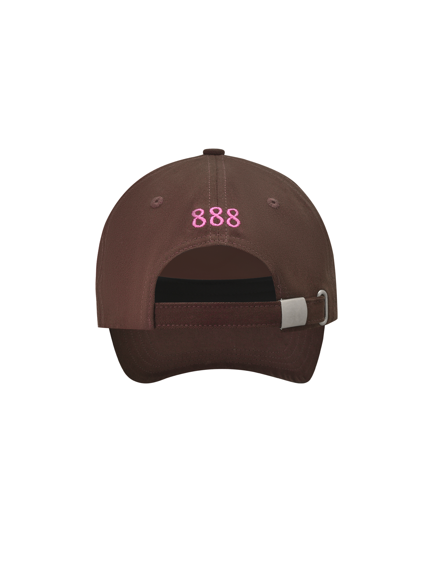 The MERRYN CAP - CHOCOLATE by TIGERMIST is a brown 5 panel hat seen from the back, with "888" embroidered in pink above an adjustable strap and silver buckle. Displayed against a plain white background.