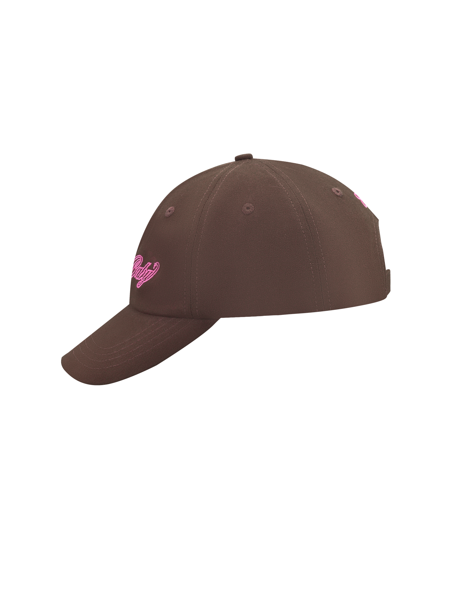 The MERRYN CAP - CHOCOLATE by TIGERMIST is a brown 5 panel hat with pink embroidered lettering on the front, displayed from a side angle against a plain white background.