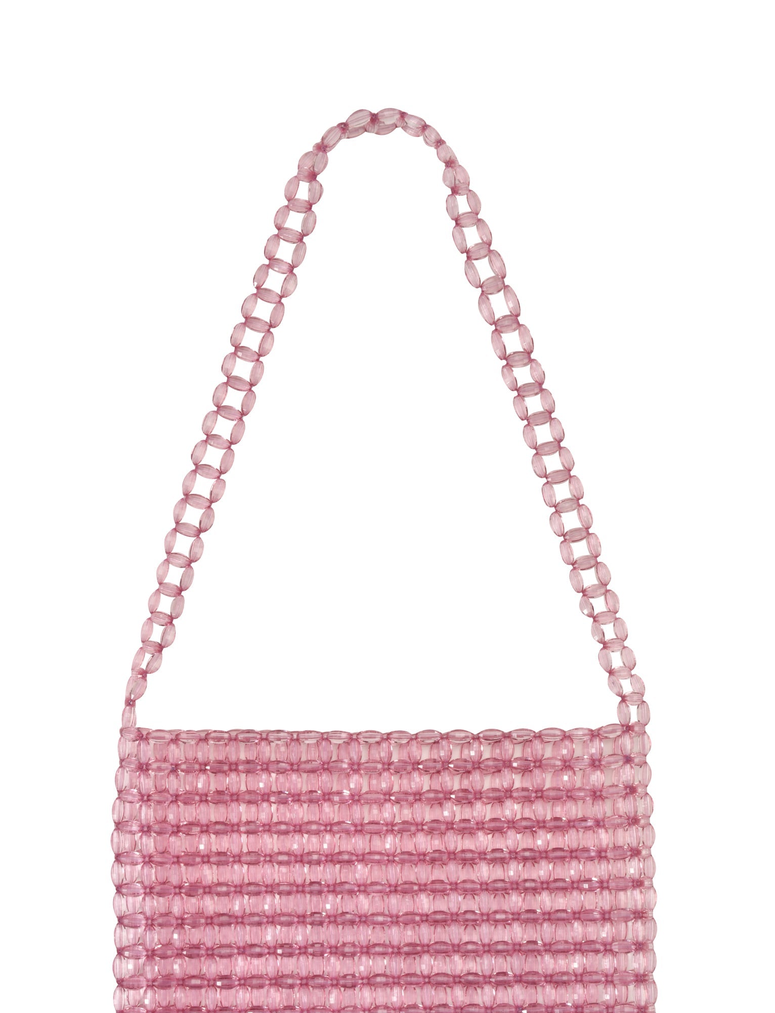 The medium-sized BIANKA BAG - PINK from TIGERMIST features a single handle and is crafted from pink clear lucite beads arranged in horizontal rows, giving it a textured and shimmering translucent appearance.